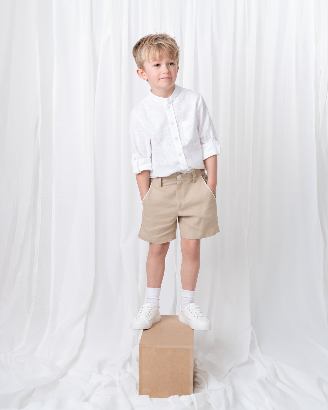 Summer Fete Beige Boys' Linen Blend Shorts Set