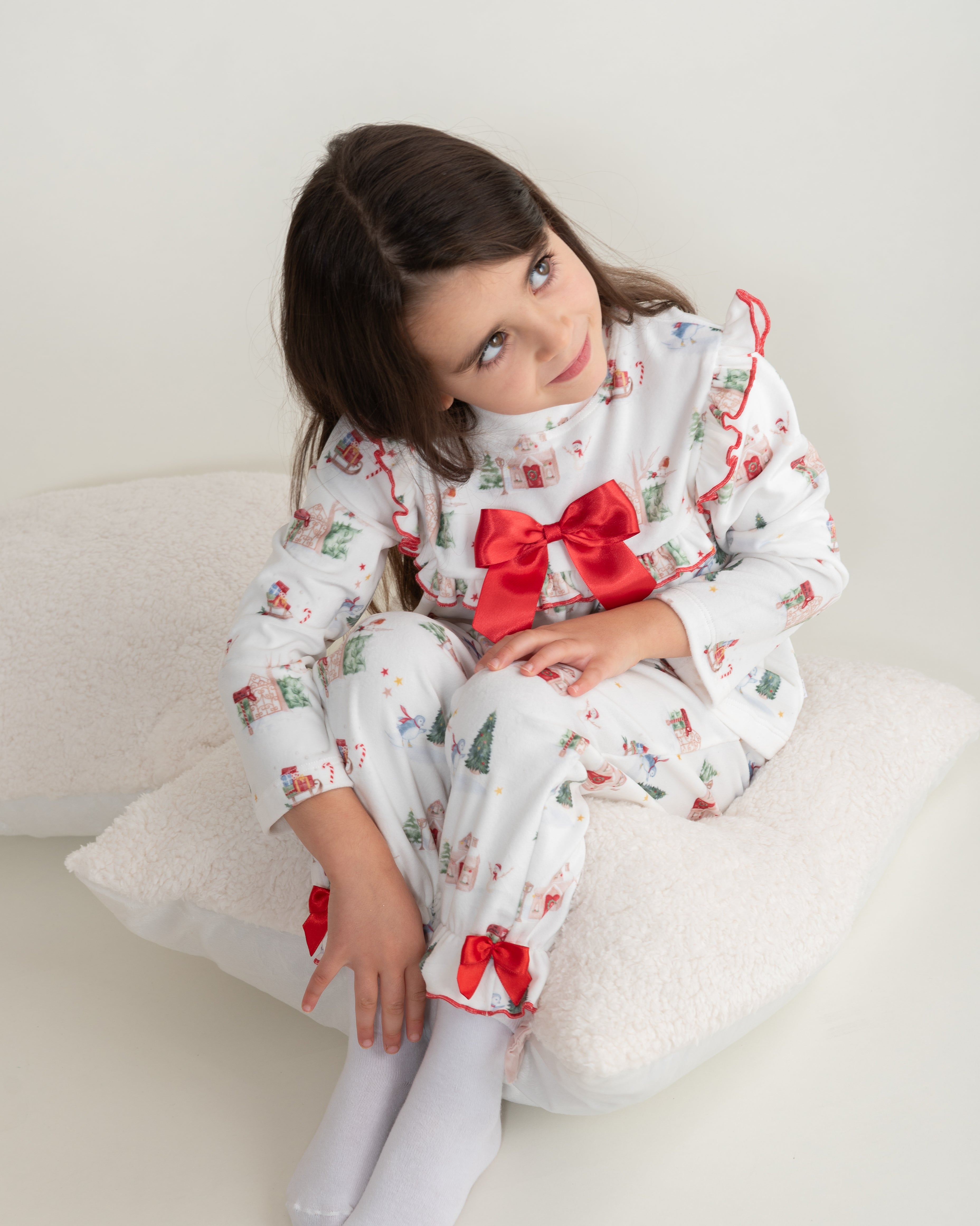 Ivory Christmas Print Bow Pyjama Set