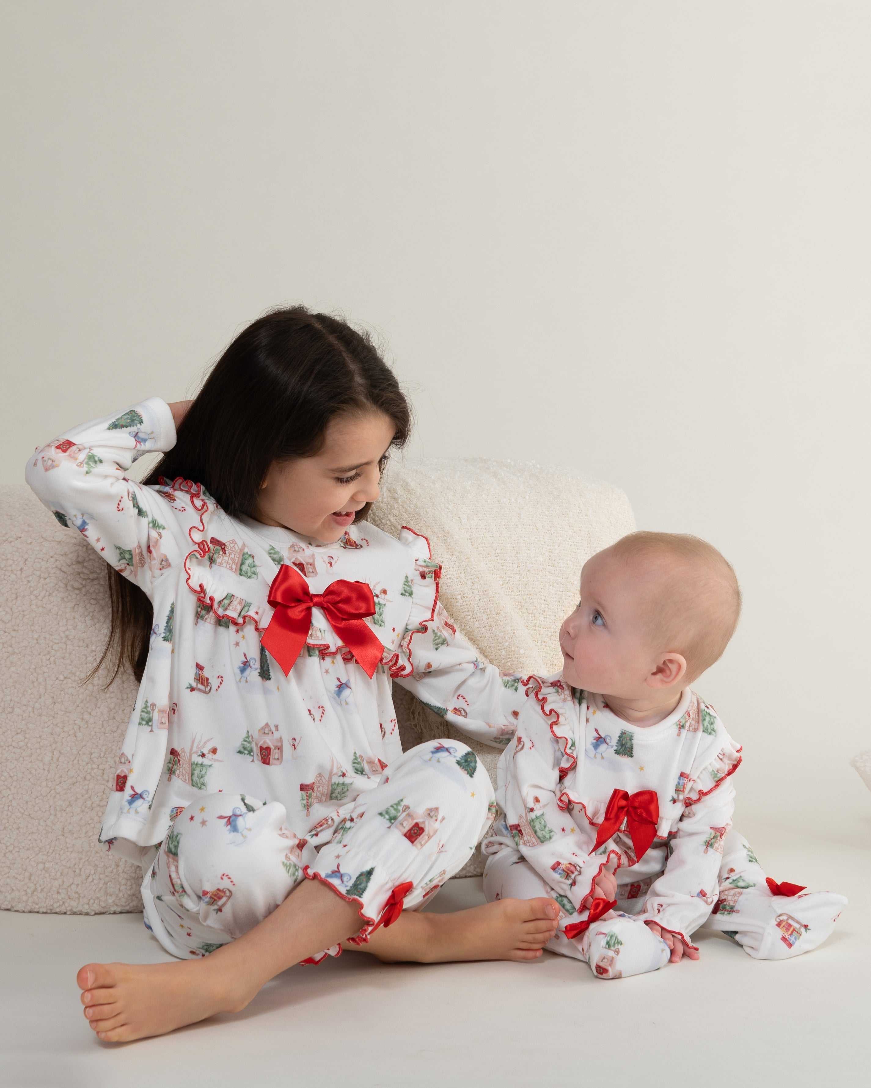 Ivory Christmas Print Bow Pyjama Set