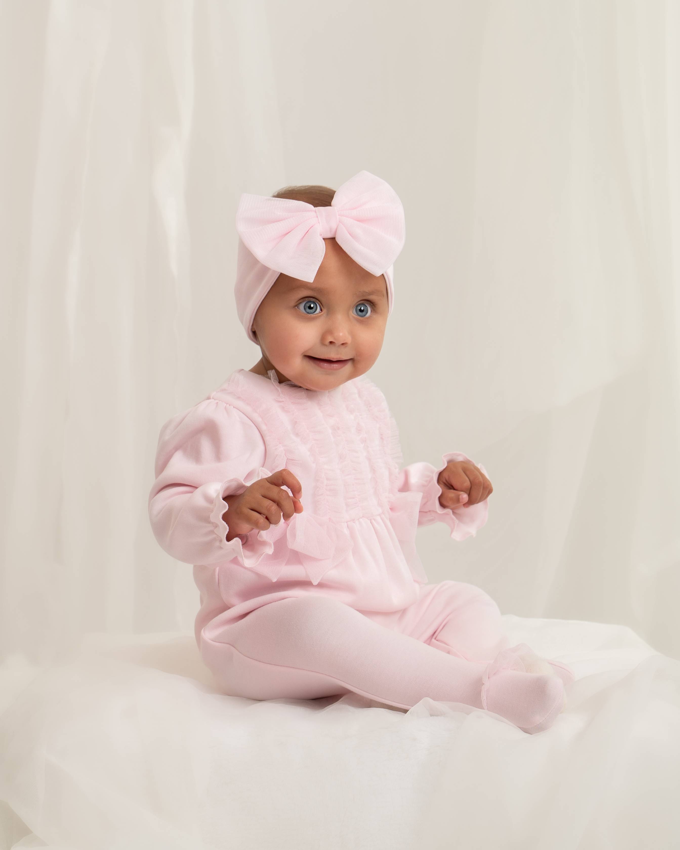 Pink Frill Bow Sleepsuit with Matching Headband
