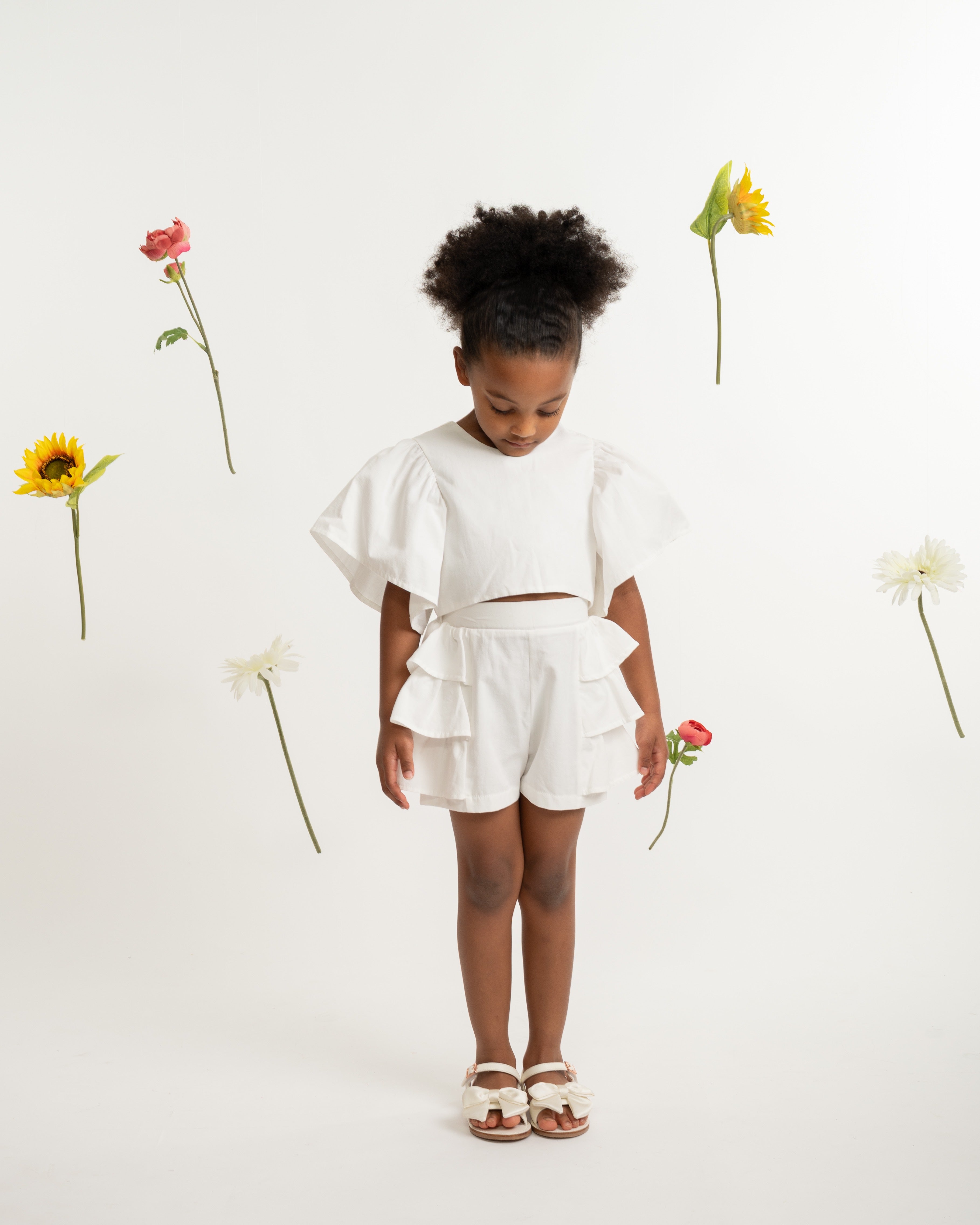 White Flutter Sleeve Top and Ruffle Shorts Set