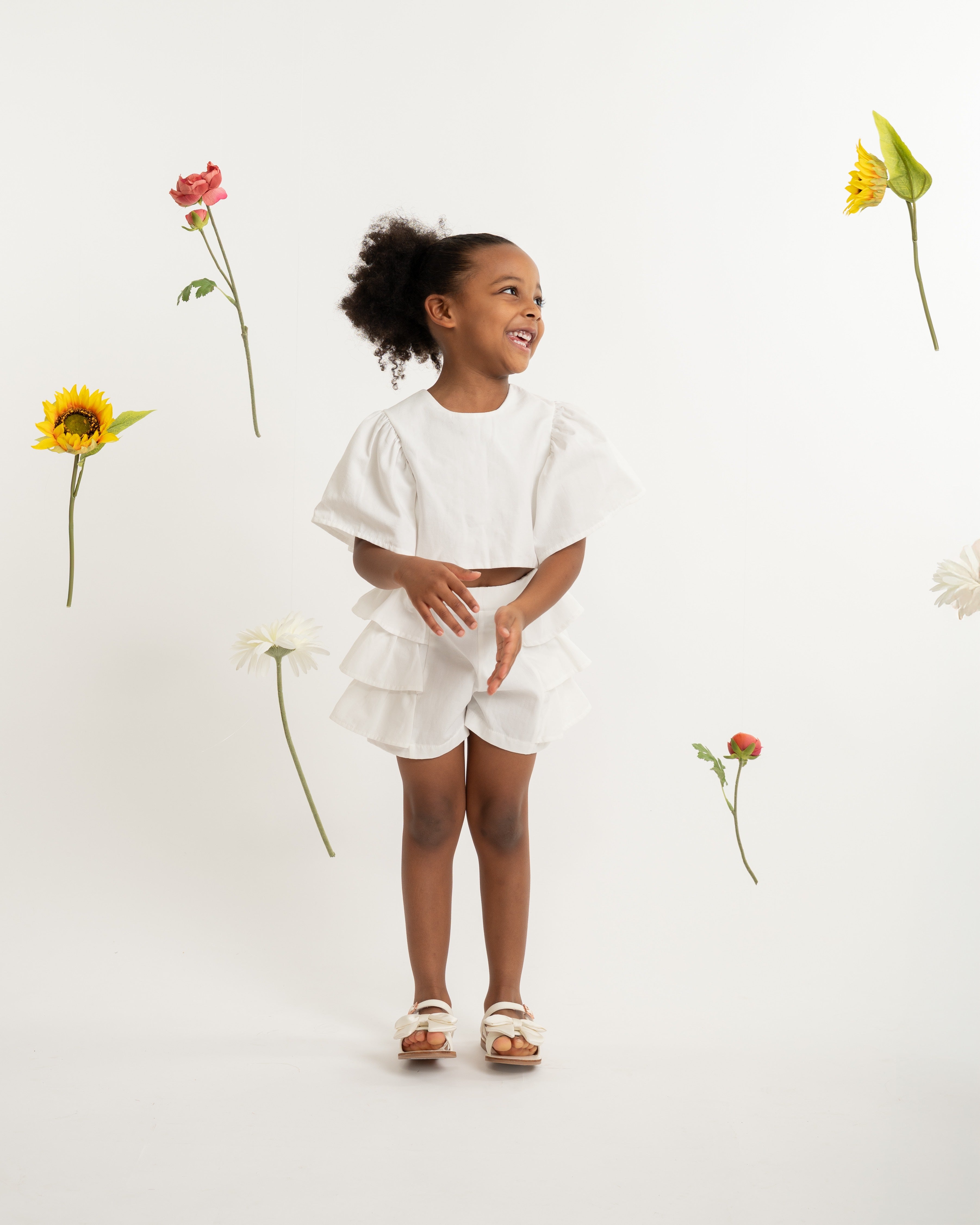 White Flutter Sleeve Top and Ruffle Shorts Set