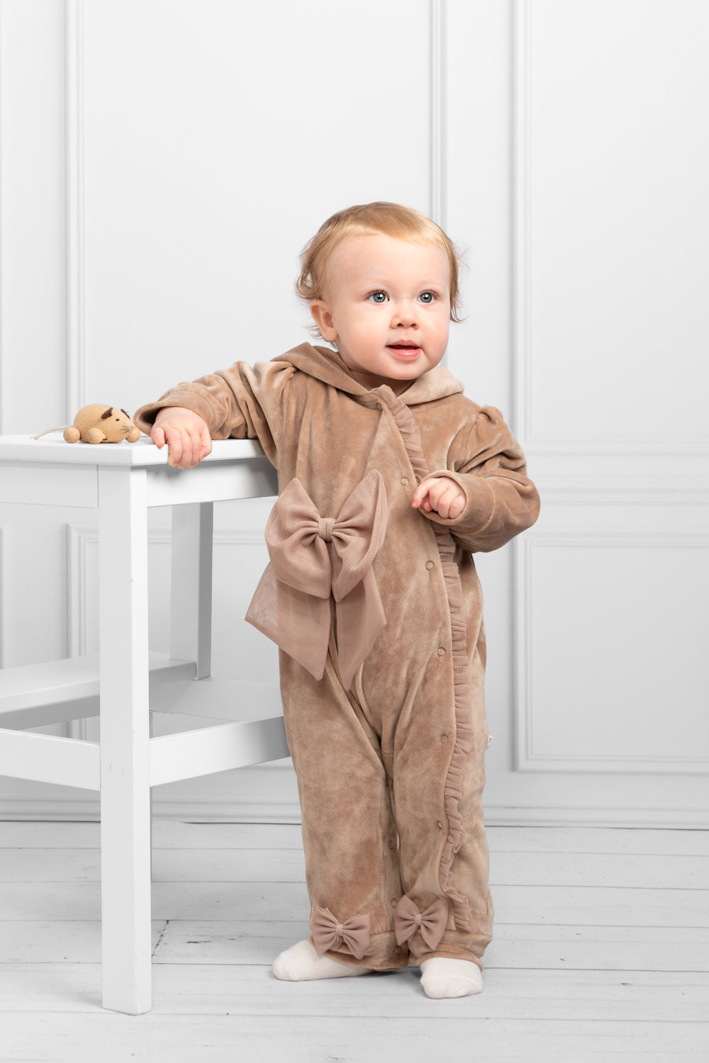 Beige Velour Hooded Romper with Bow Details