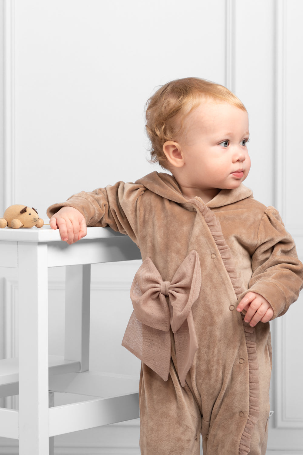 Beige Velour Hooded Romper with Bow Details