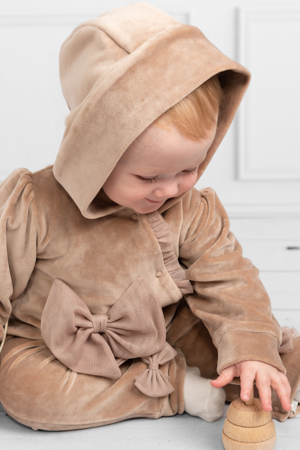 Beige Velour Hooded Romper with Bow Details