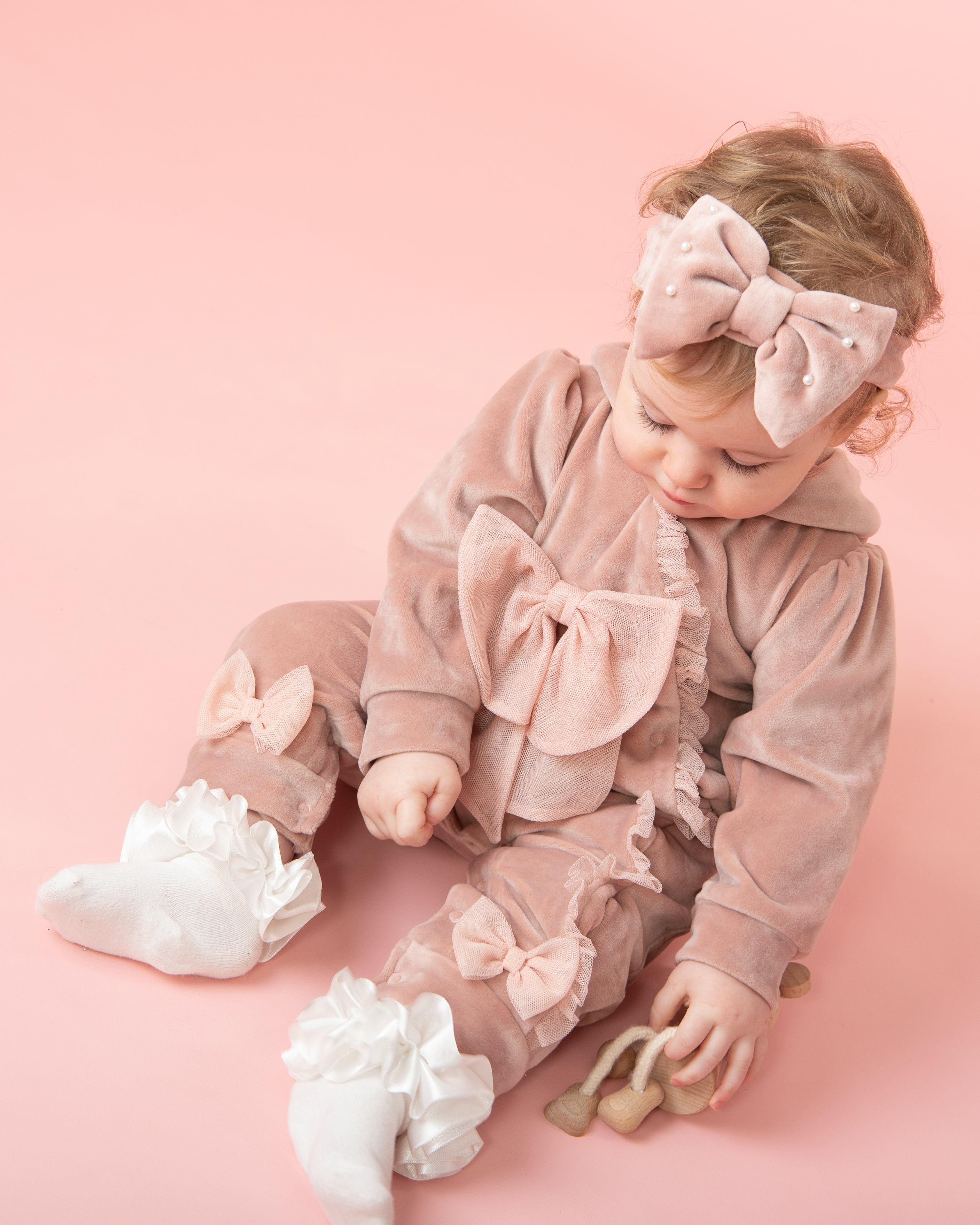 Pink Velour Hooded Romper with Bow Details