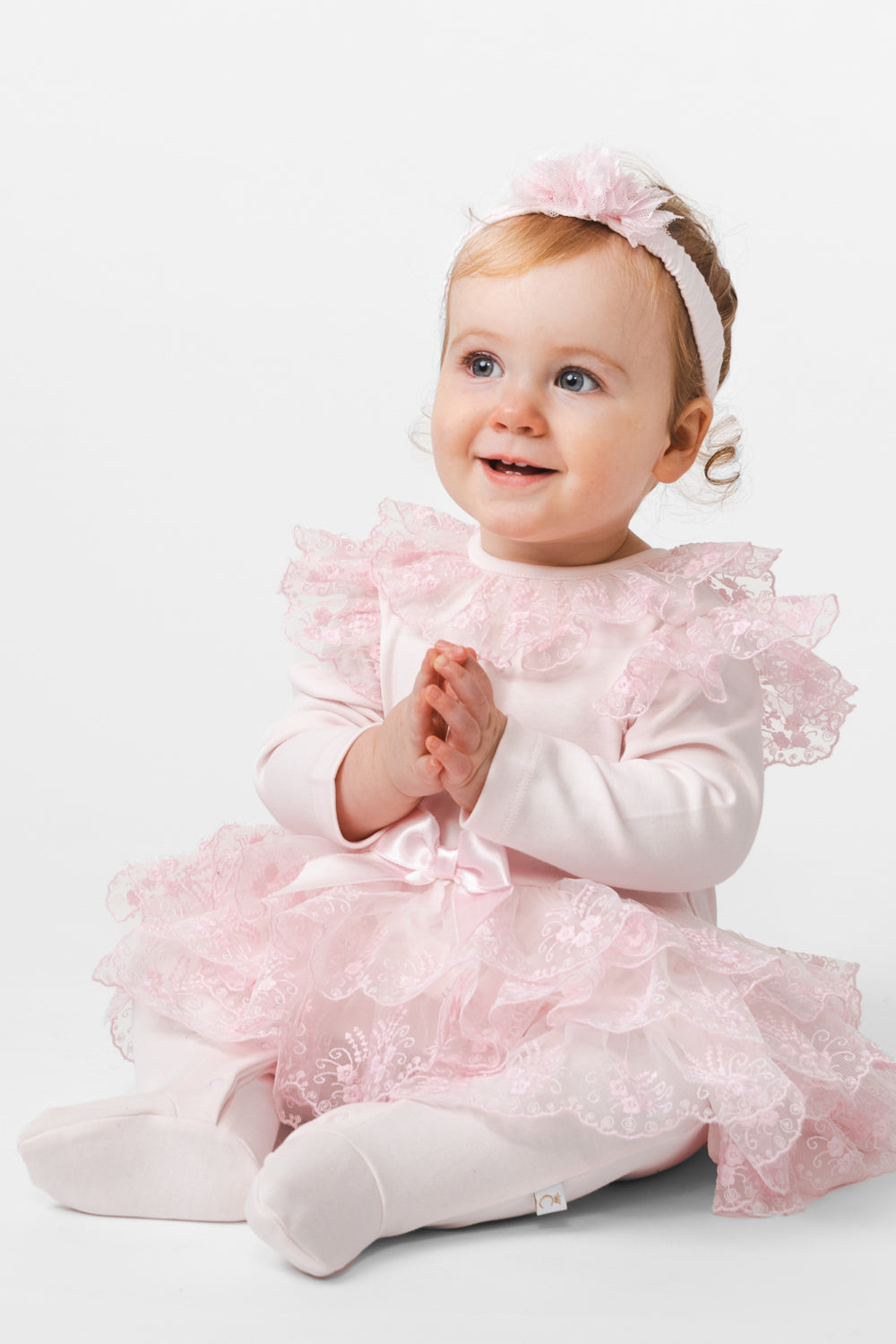 Pink Baby Romper with Lace Overlay and Satin Bow