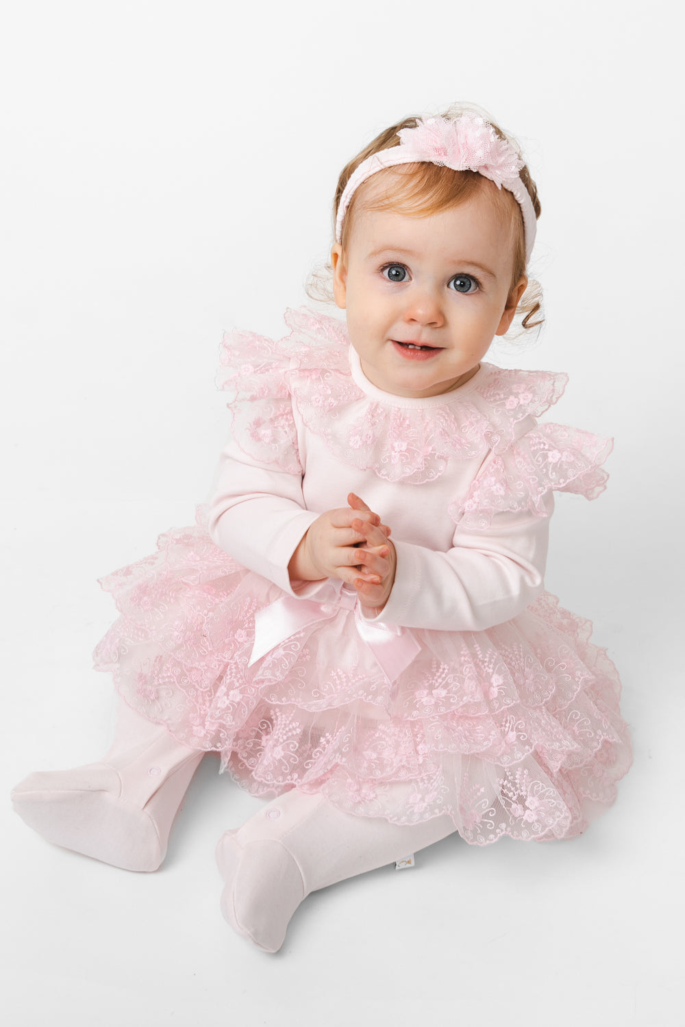 Pink Baby Romper with Lace Overlay and Satin Bow