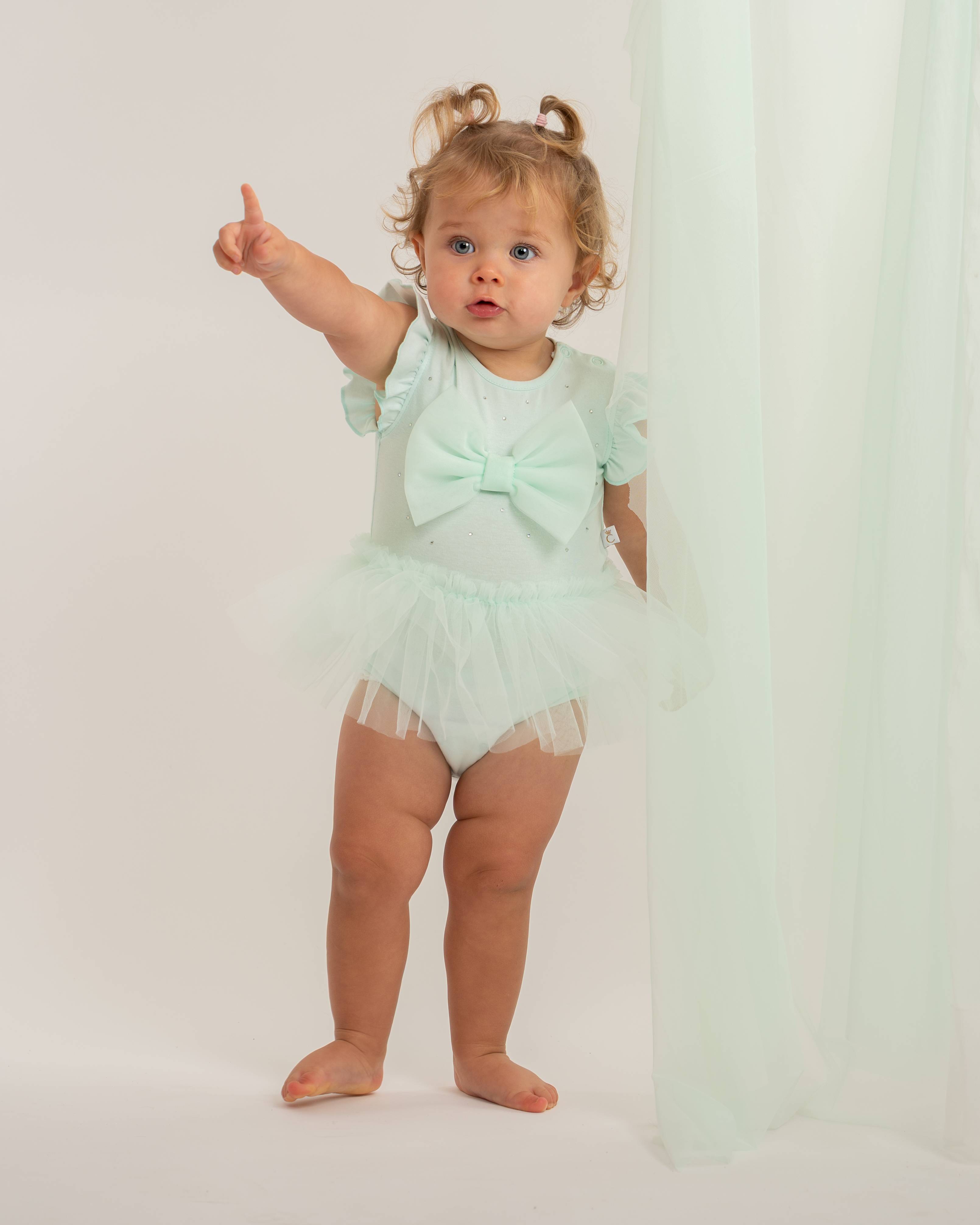 Mint Diamante Tulle Bow Romper Dress