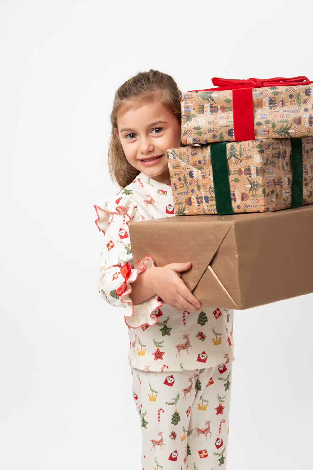 Festive Holiday Two-Piece Pyjama Set with Red Bows and Ruffles