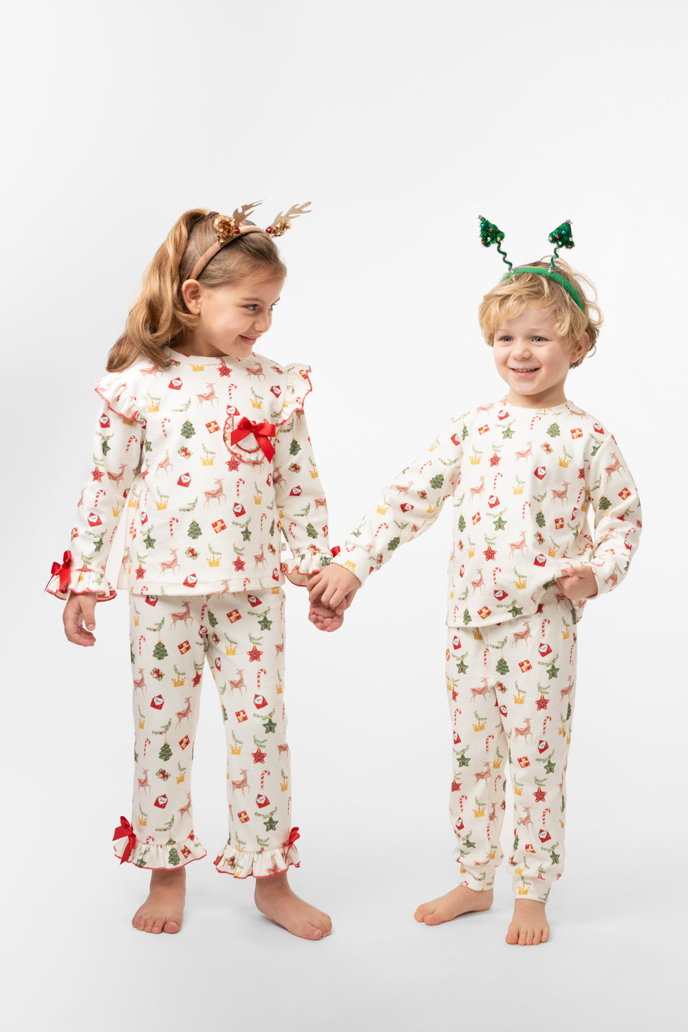 Festive Holiday Two-Piece Pyjama Set with Red Bows and Ruffles