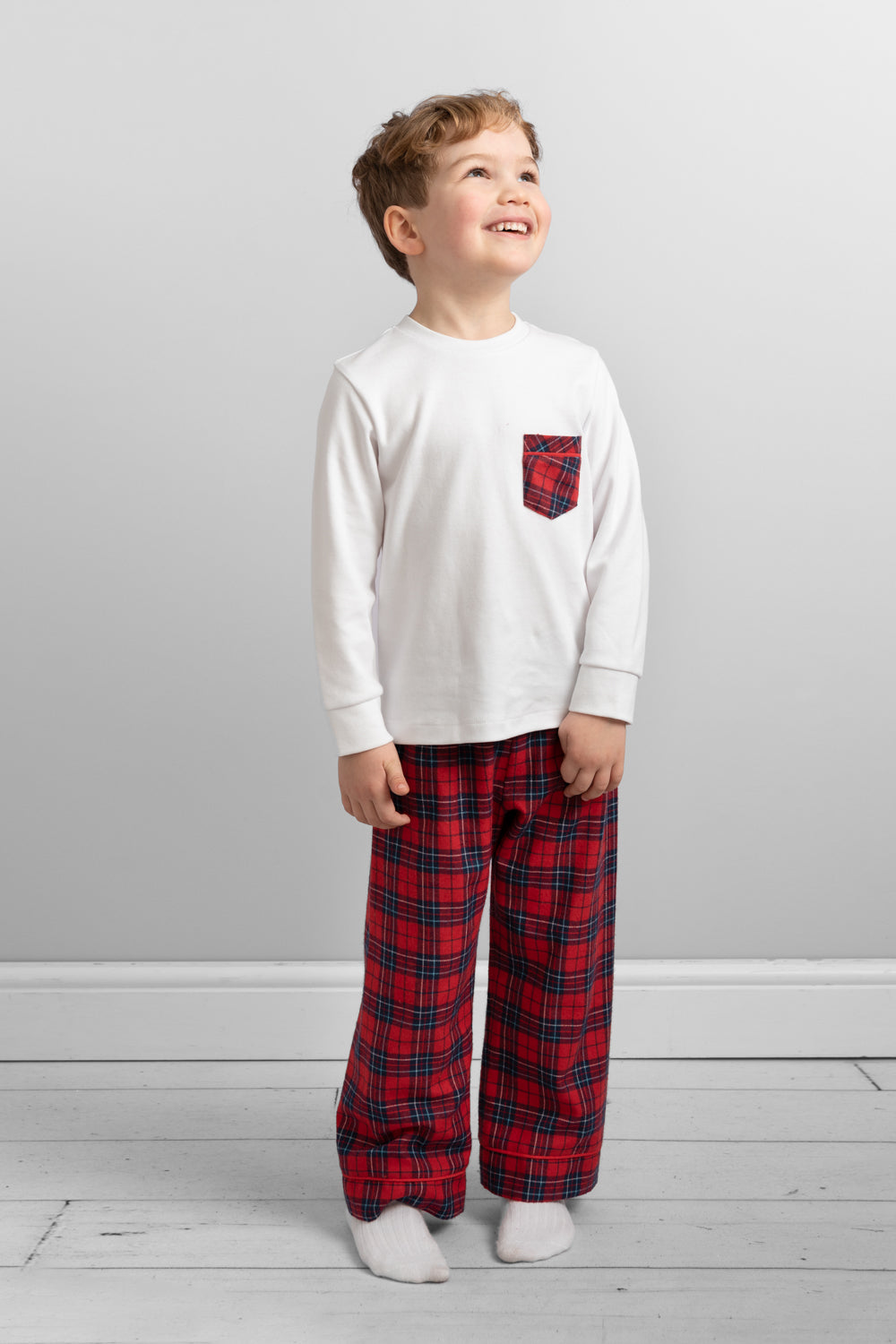 White Long-Sleeve Pyjama Set with Red Plaid Pants