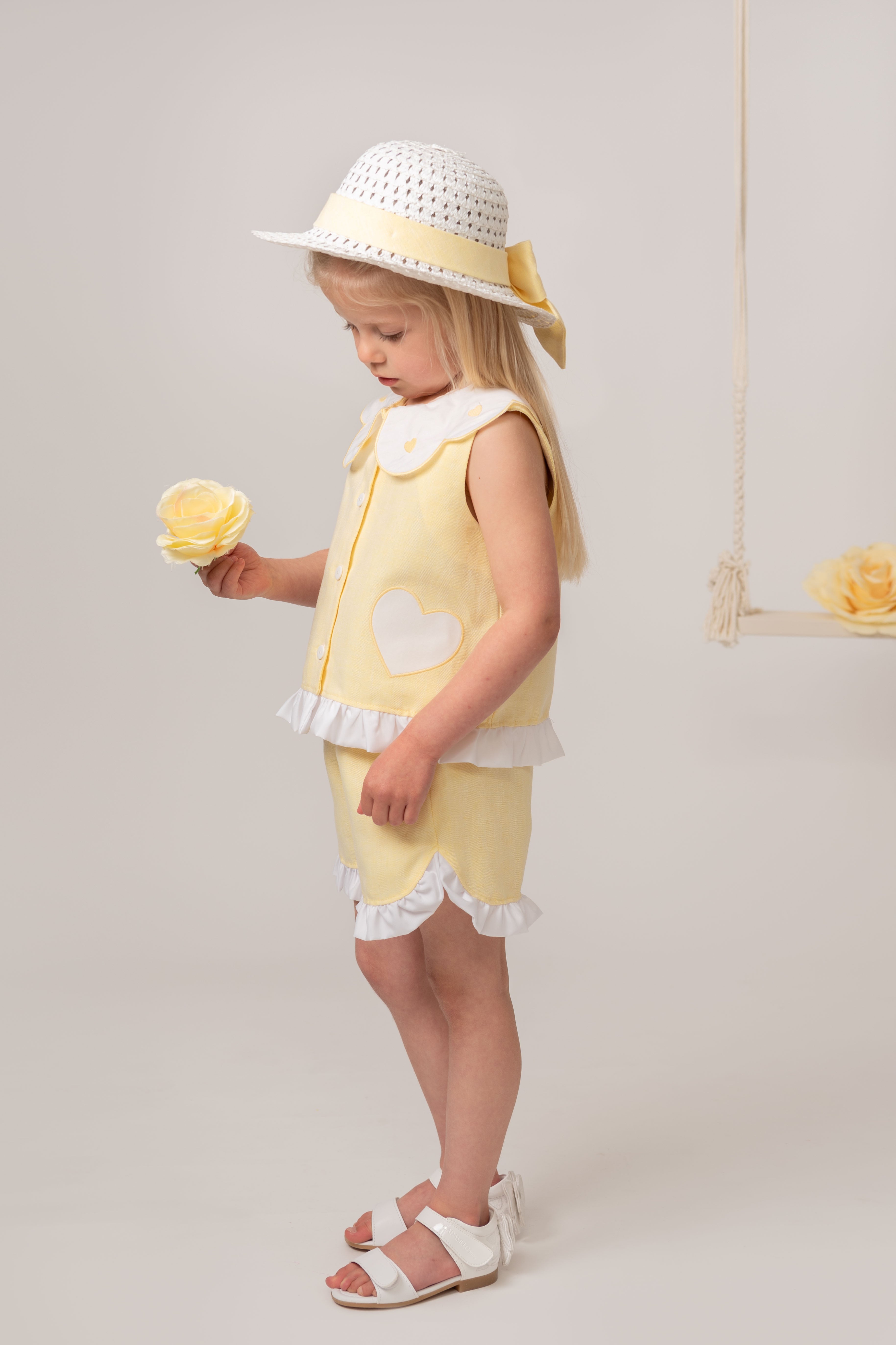 Lemon Linen Blend Heart Trim Short Set