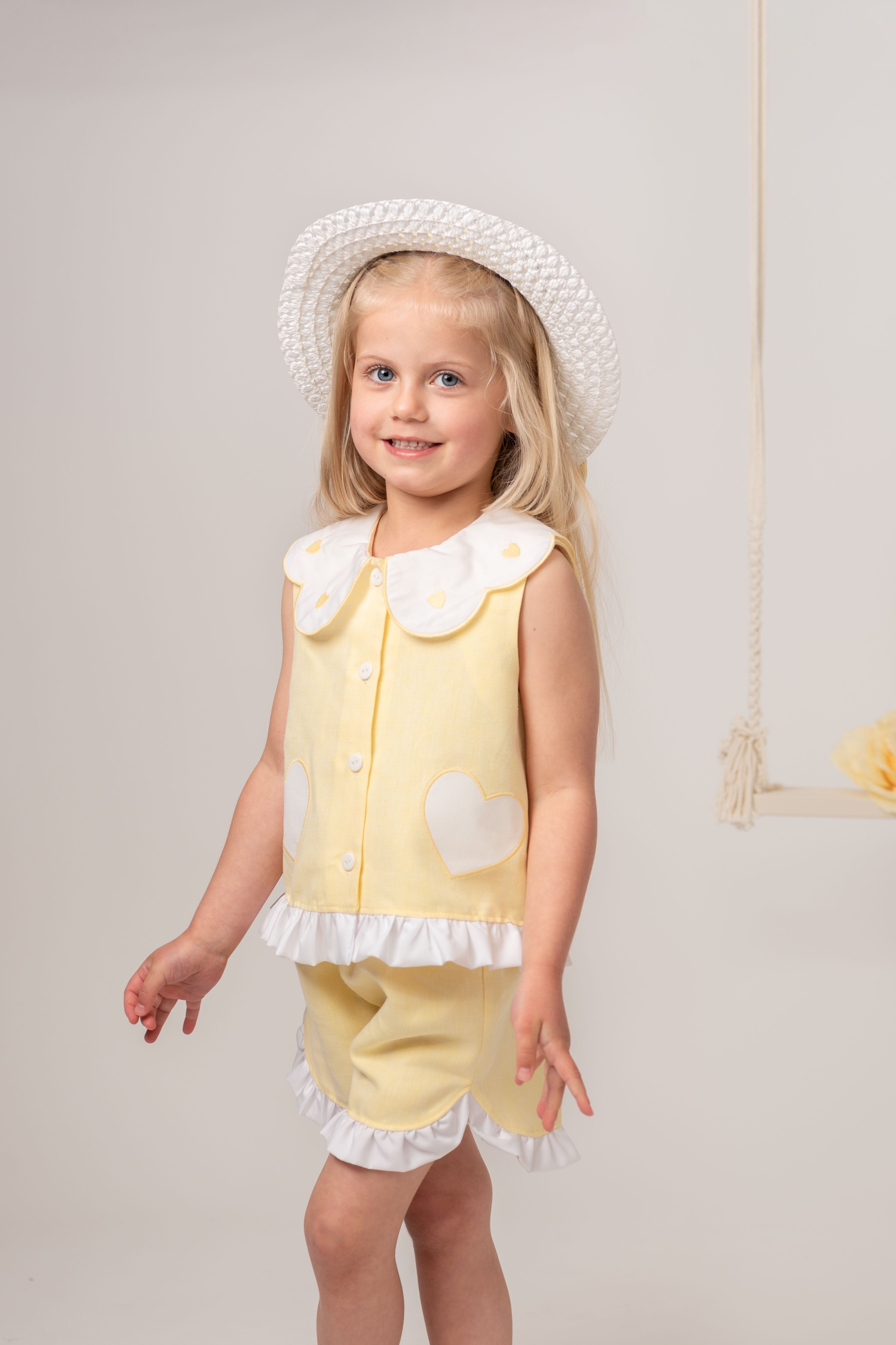 Lemon Linen Blend Heart Trim Short Set