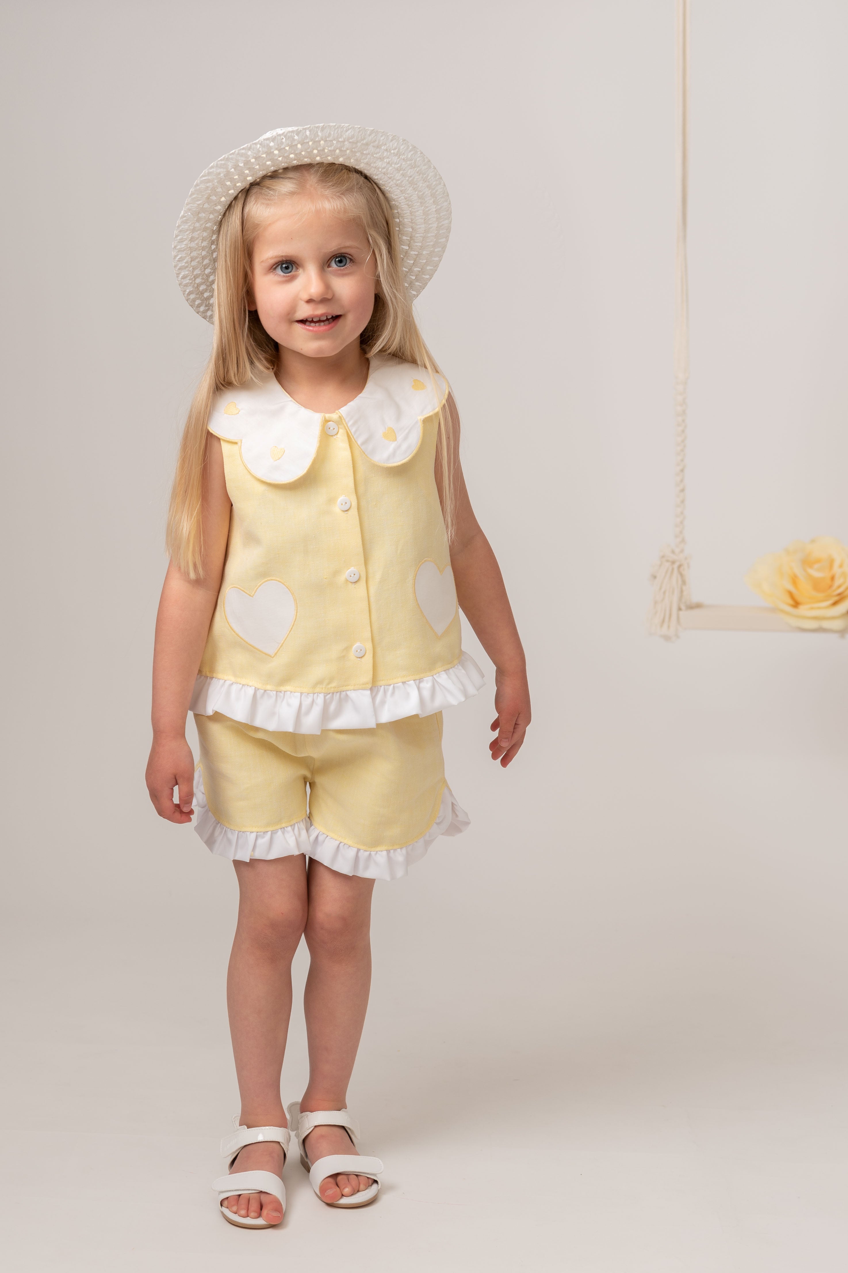 Lemon Linen Blend Heart Trim Short Set