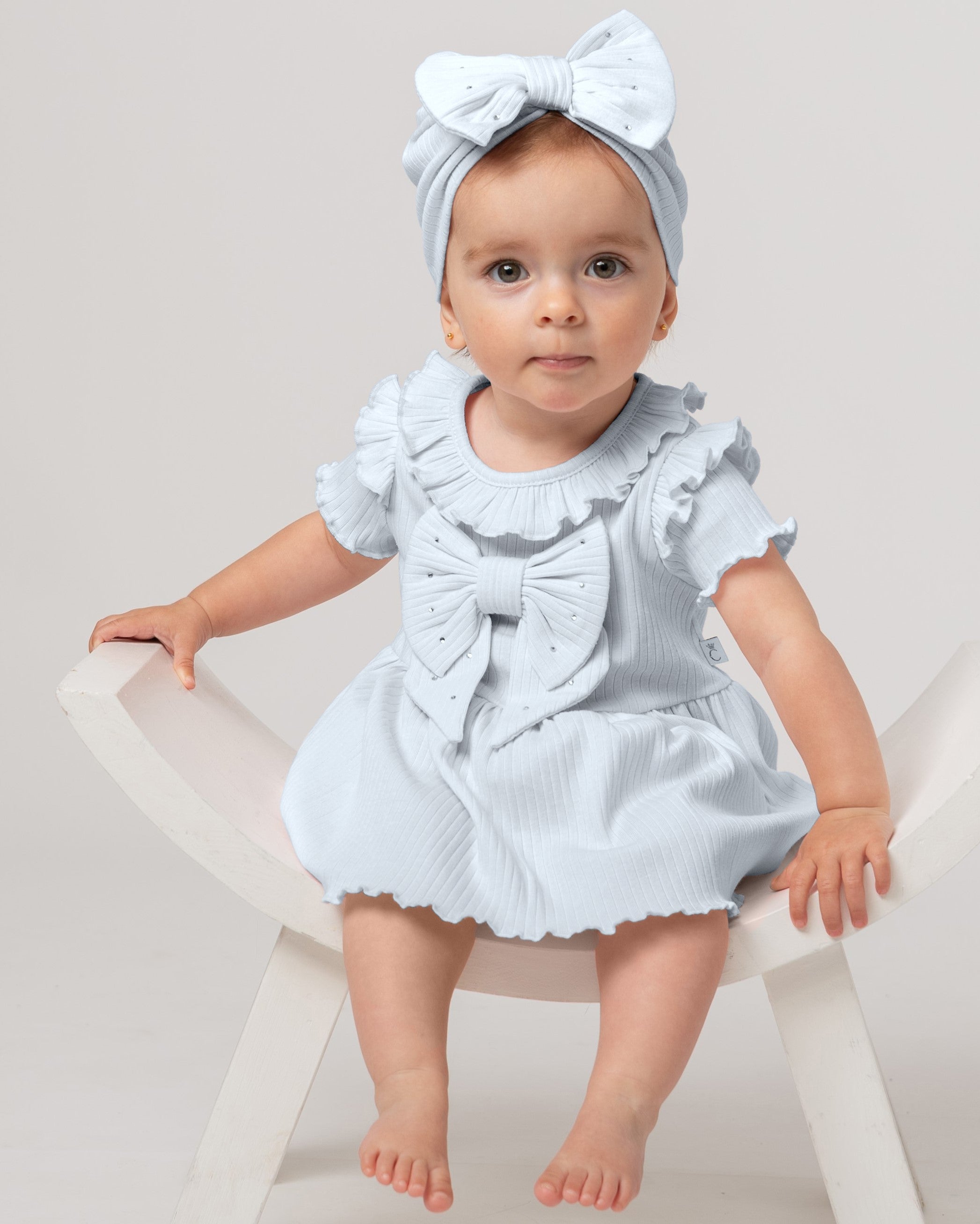 Sky Ribbed Frill Bow Jampant Set