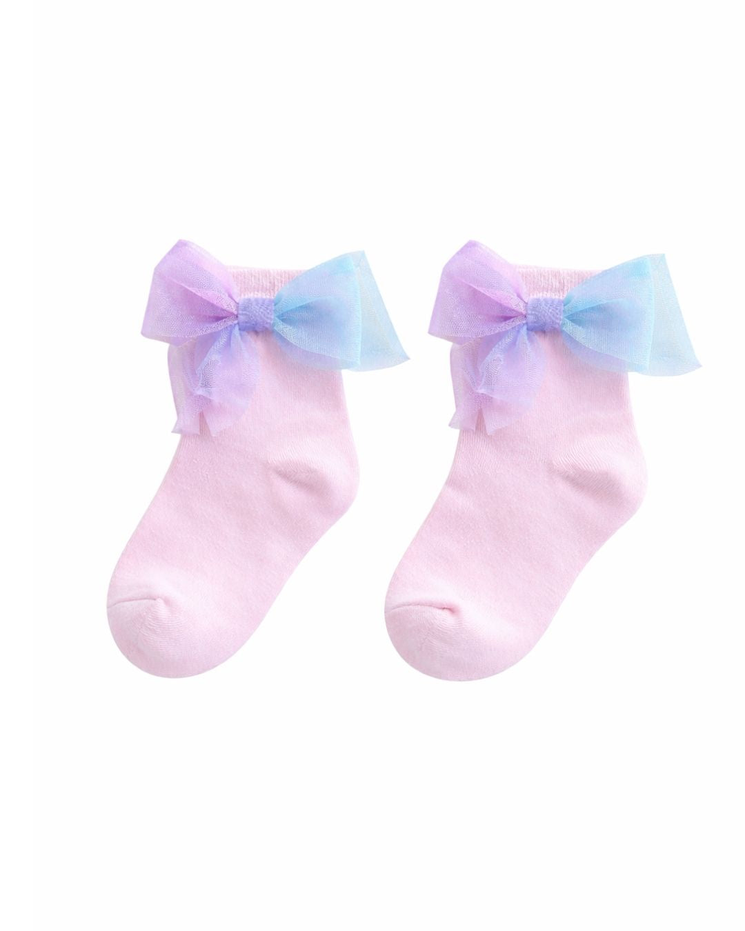 Pink Ankle Socks with Rainbow Tulle Bow