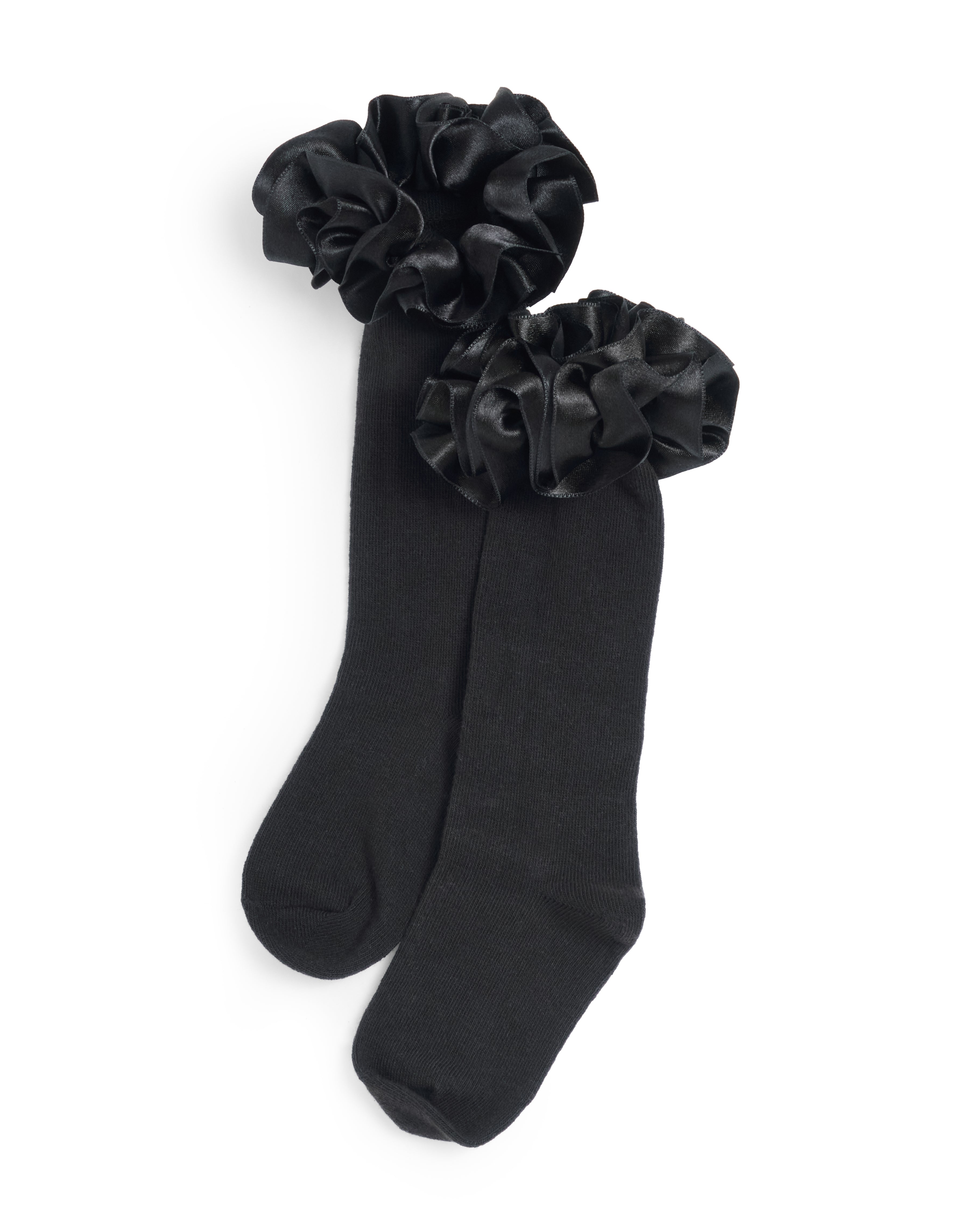 Black Satin Ruffle Knee High Socks