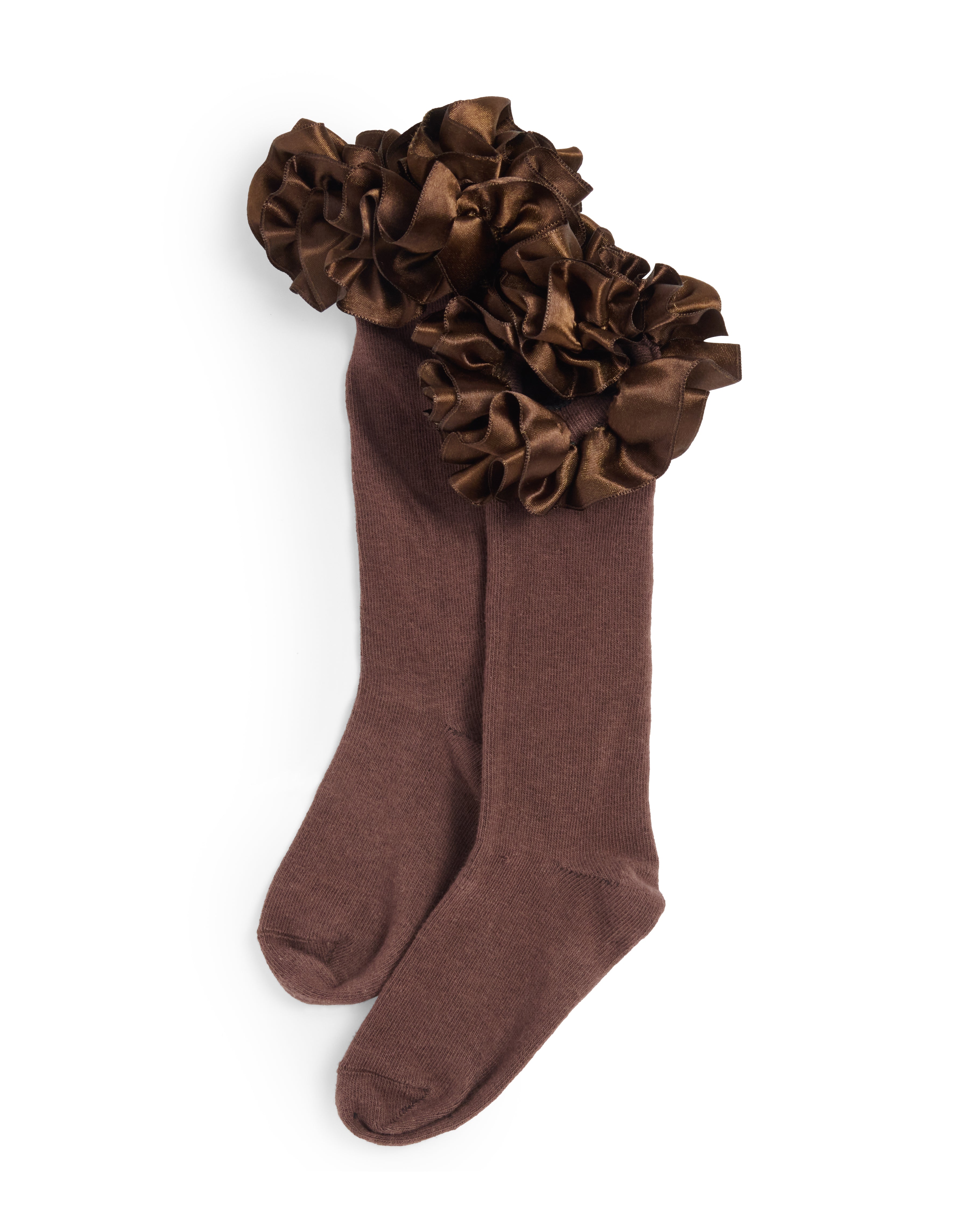 Brown Satin Ruffle Knee High Socks