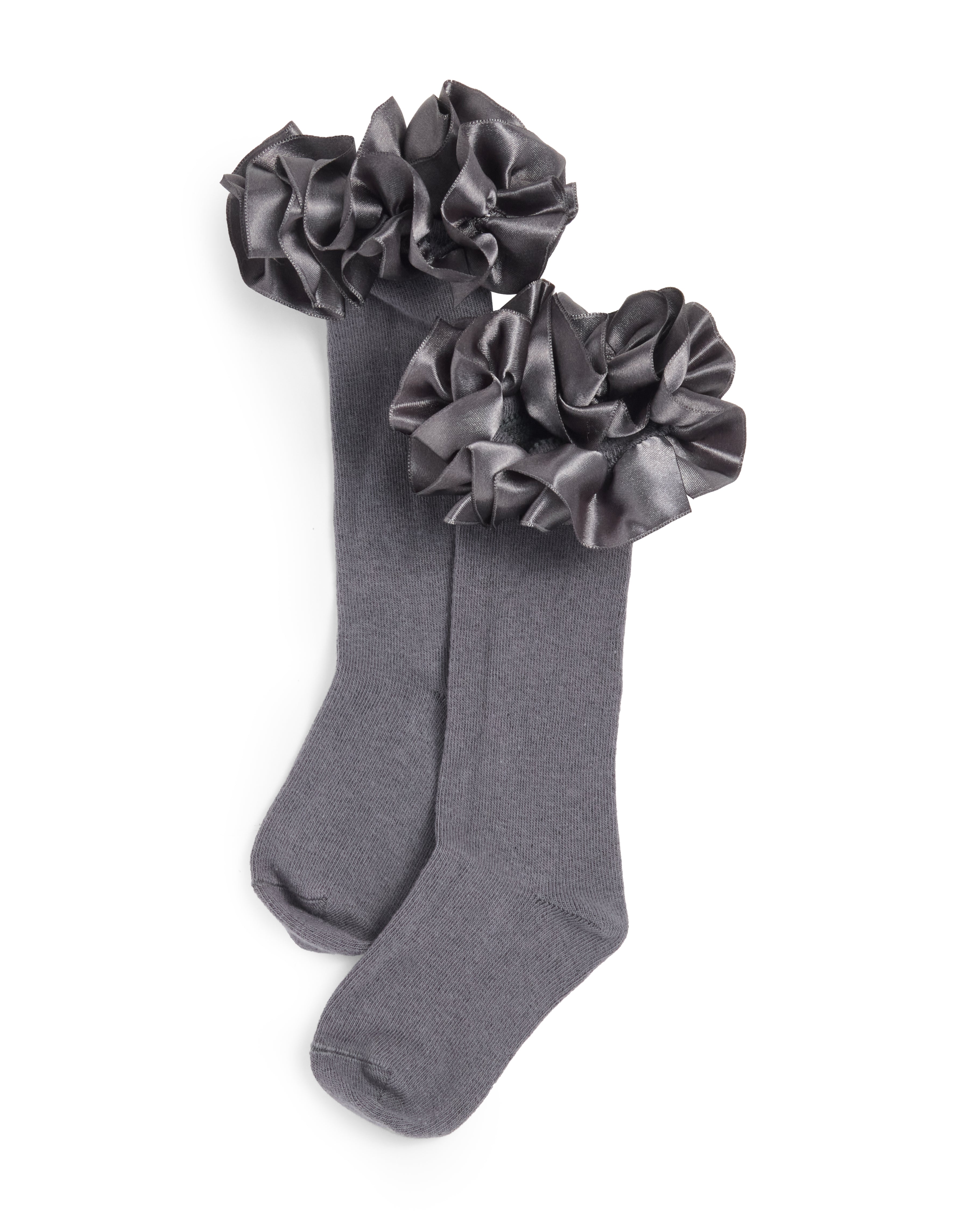Grey Satin Ruffle Knee High Socks