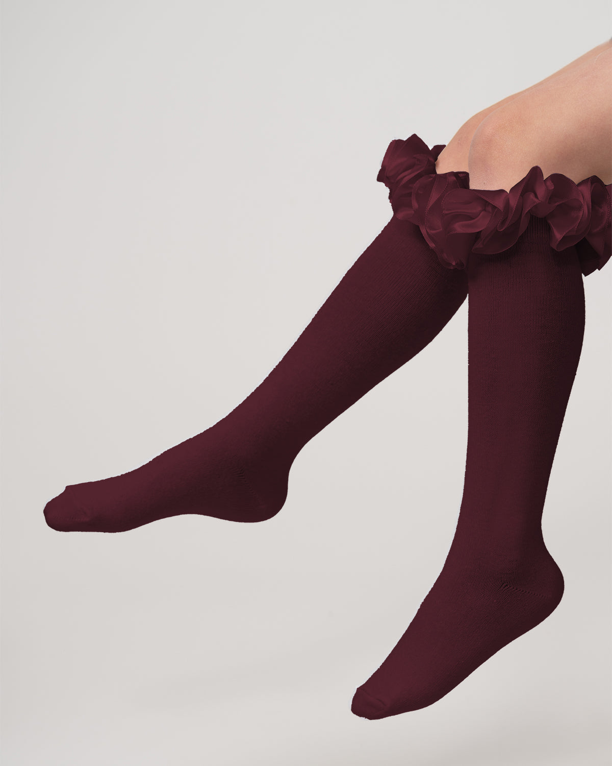 Maroon Satin Ruffle Knee High Socks