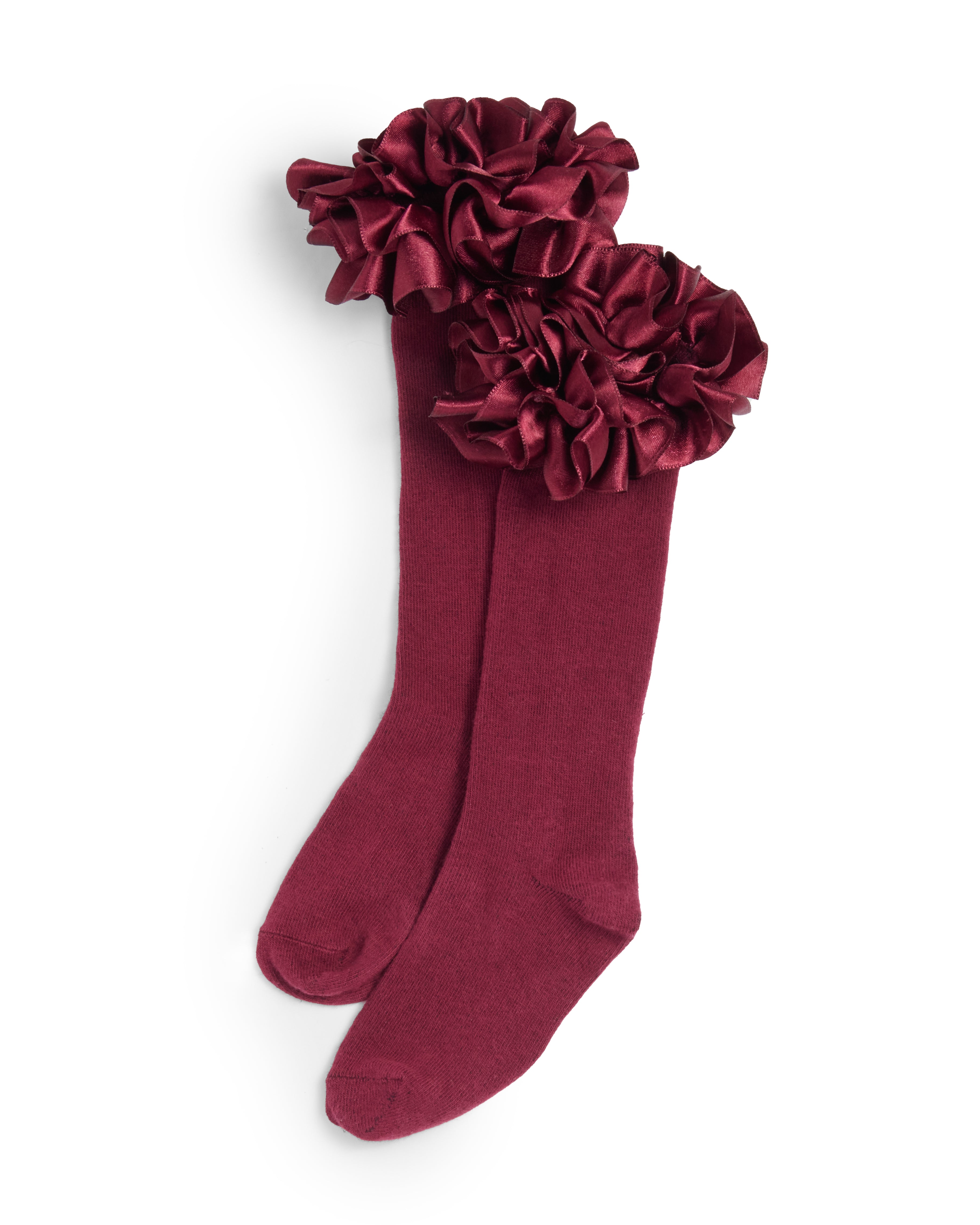 Maroon Satin Ruffle Knee High Socks