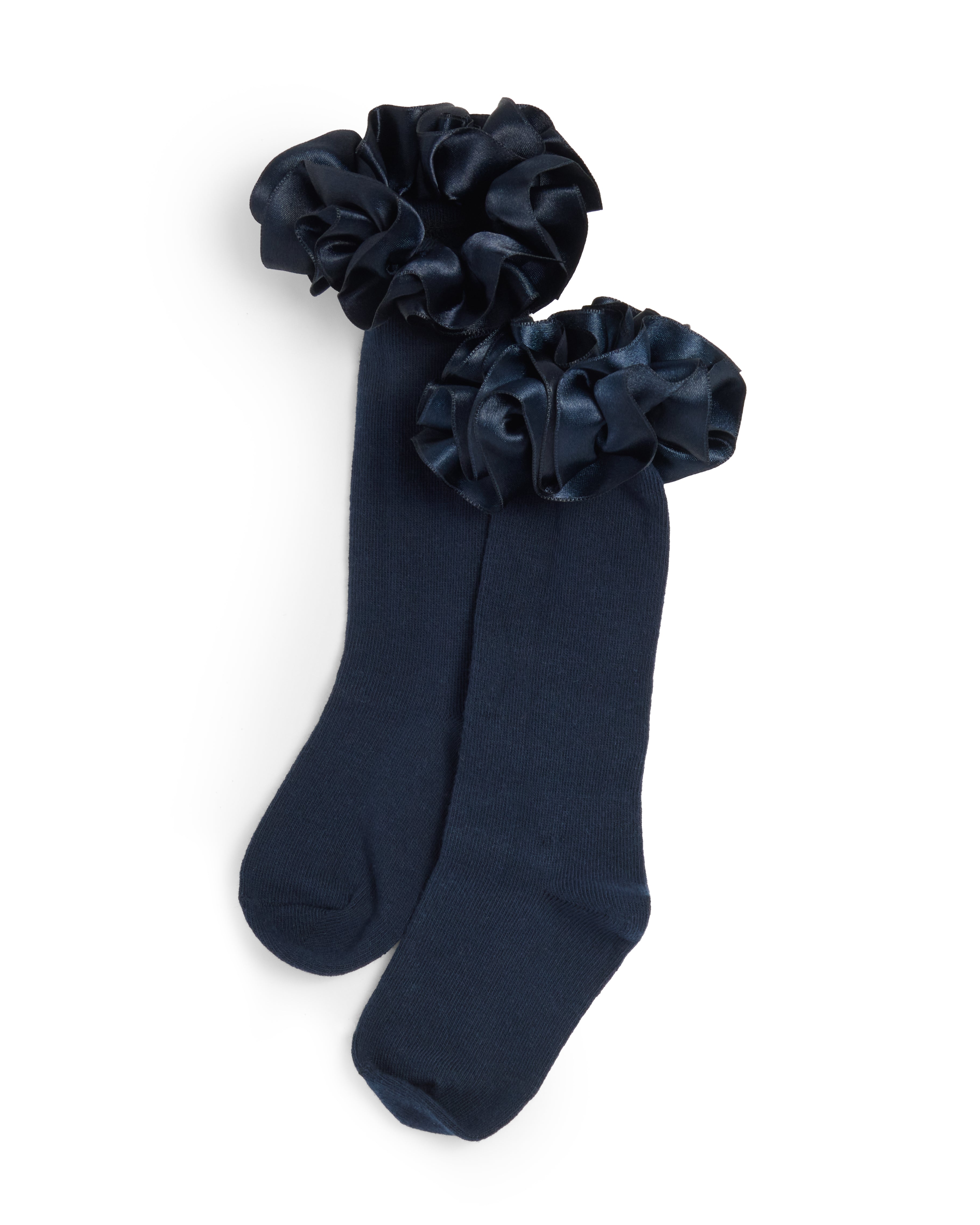 Navy Satin Ruffle Knee High Socks