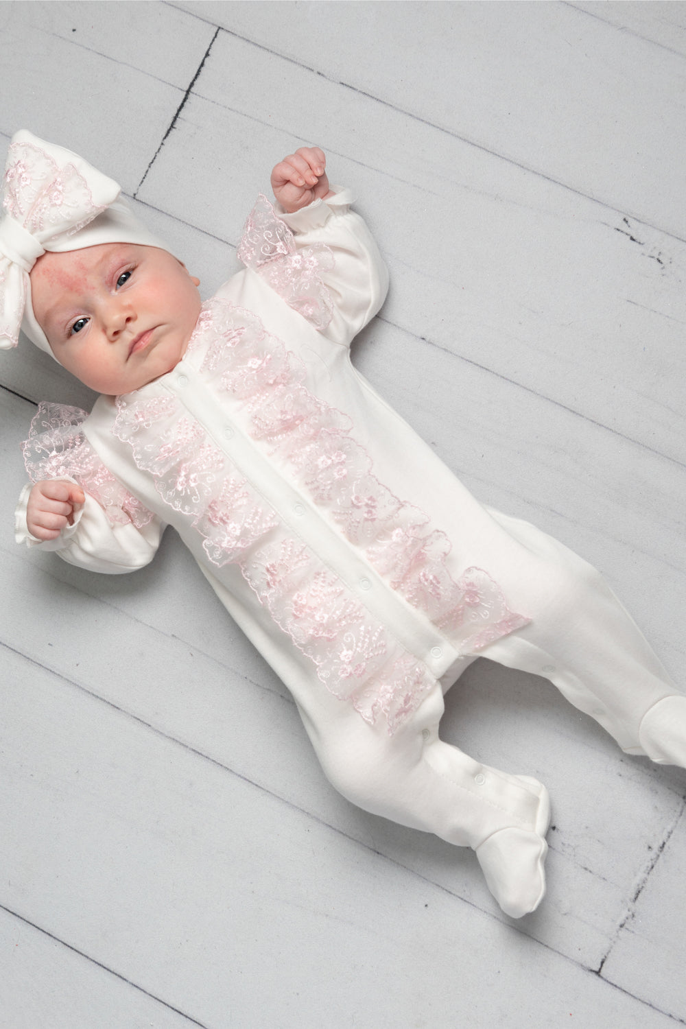 Ivory Baby Romper with Pink Lace Ruffle and Bow Headband