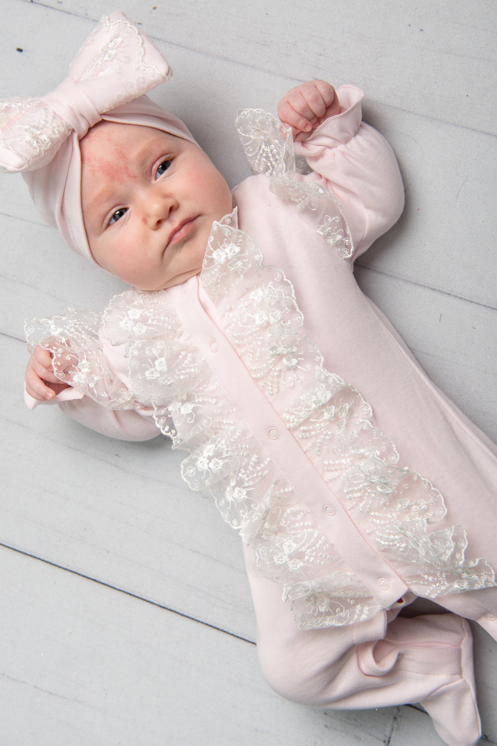 Pink Baby Romper with Pink Lace Ruffle and Bow Headband