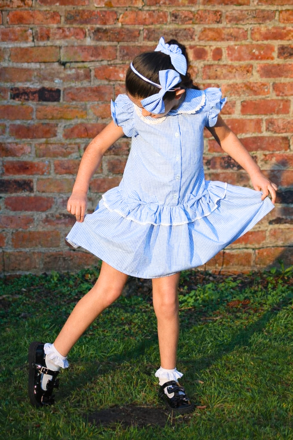 Blue Gingham Double Bow Dropped Waist School Dress