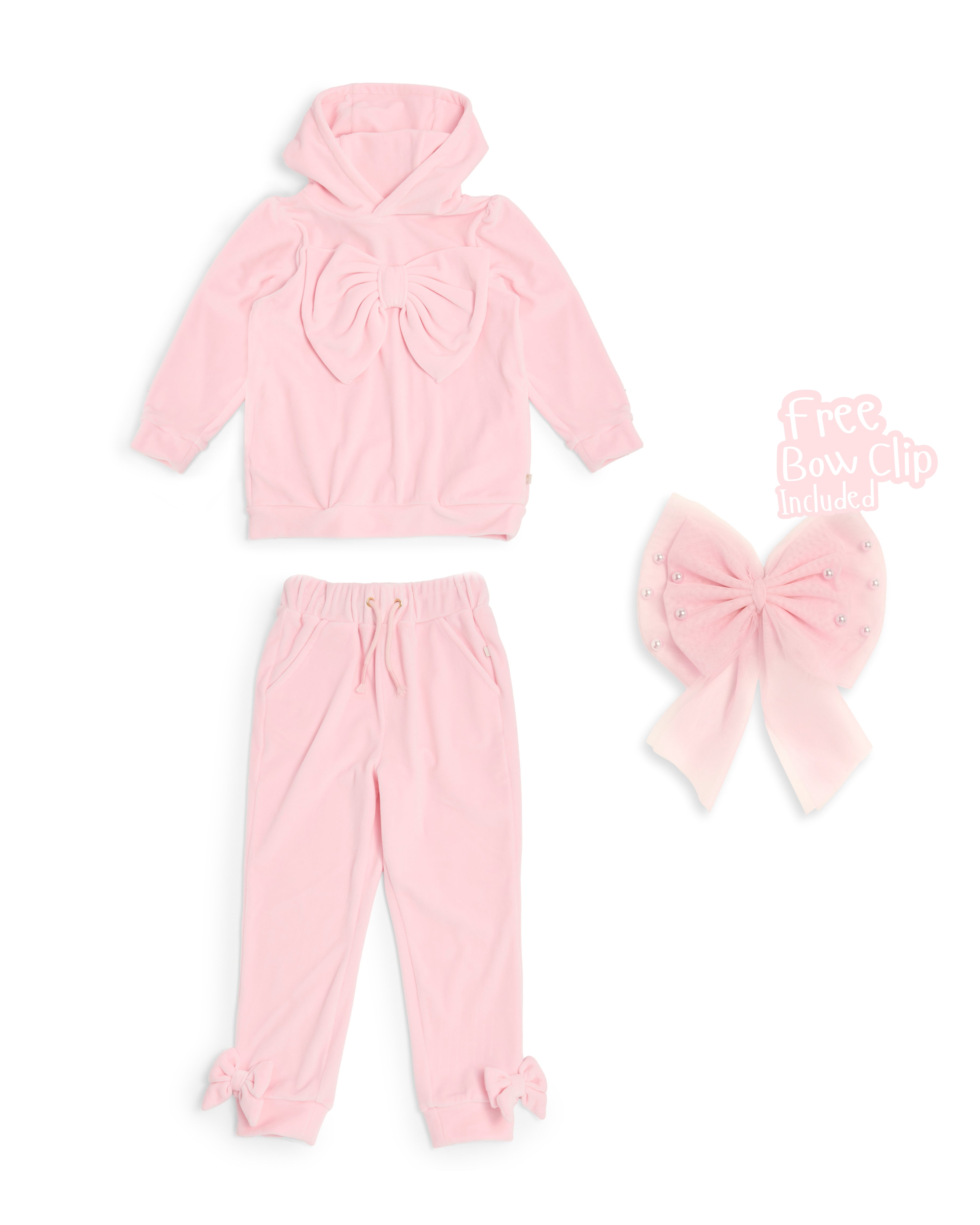 Pink Velour Bow Tracksuit Set for Girls
