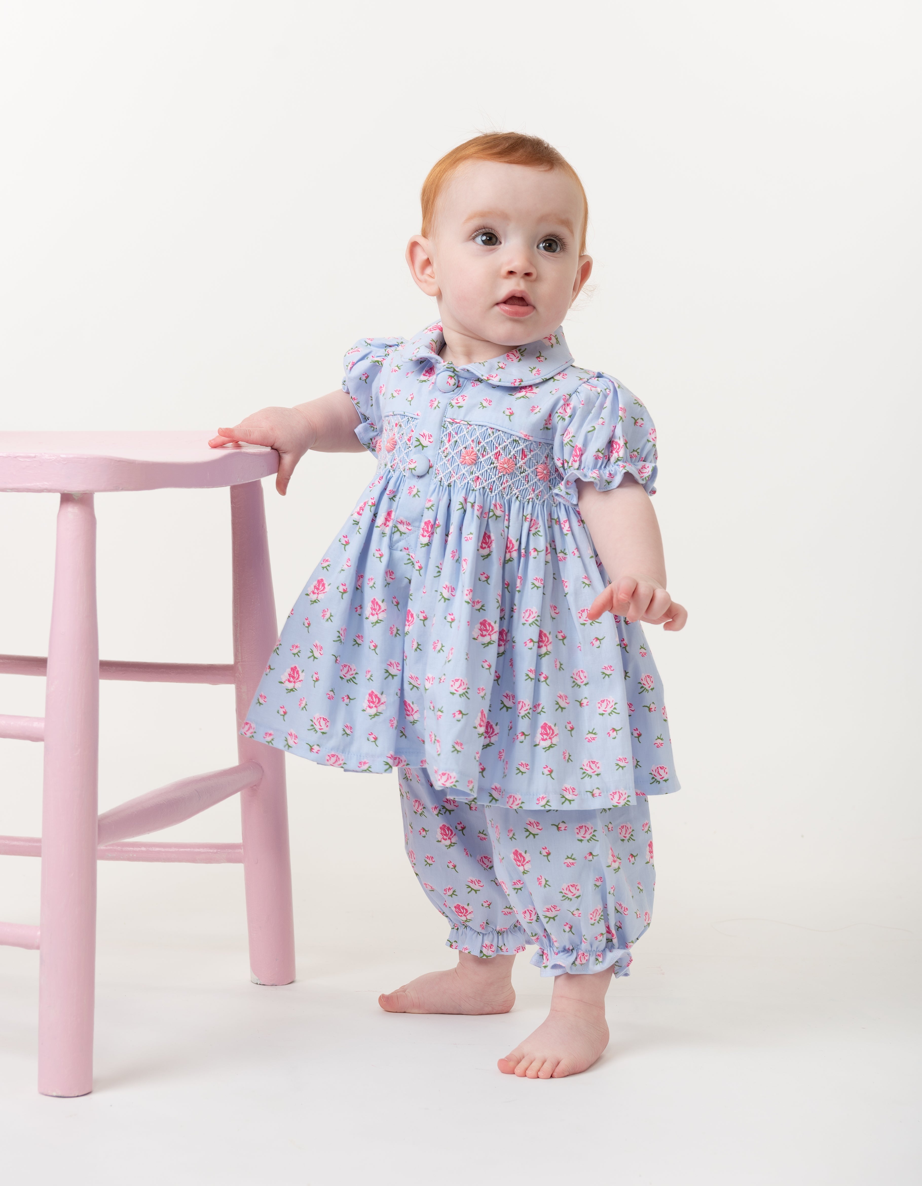 Indigo Floral Hand Smocked Baby Top and Trouser Set