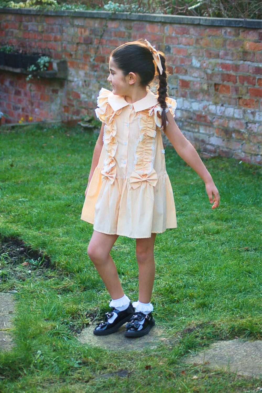 Yellow Gingham Ruffle Summer School Dress with Bows