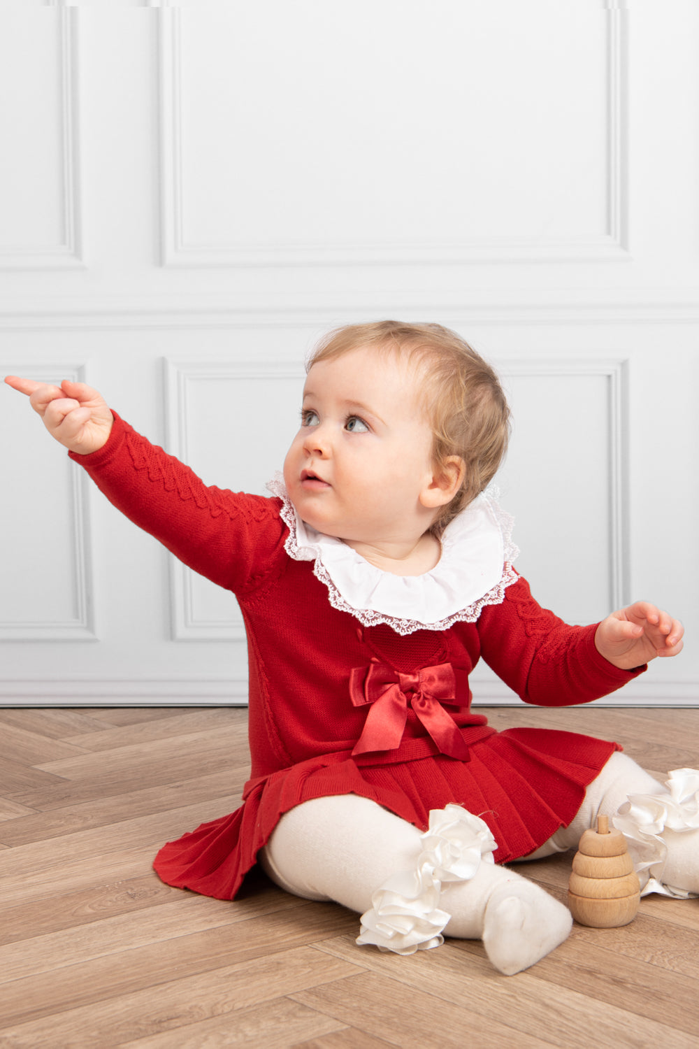 Red Knitted Baby Dress with Lace Collar and Bow Detail