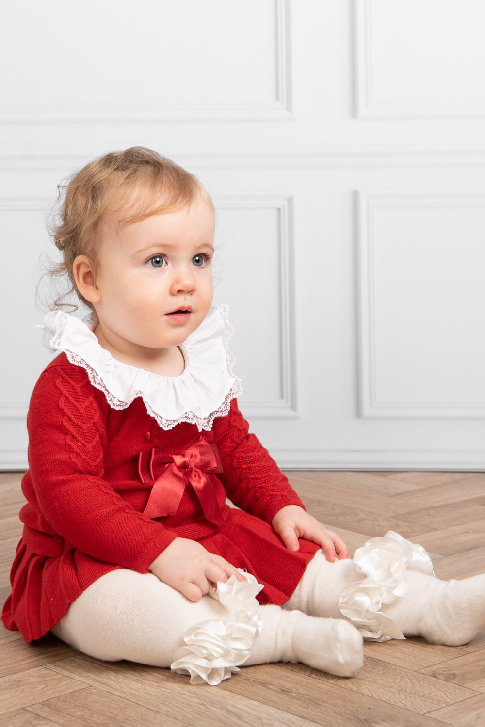 Red Knitted Baby Dress with Lace Collar and Bow Detail