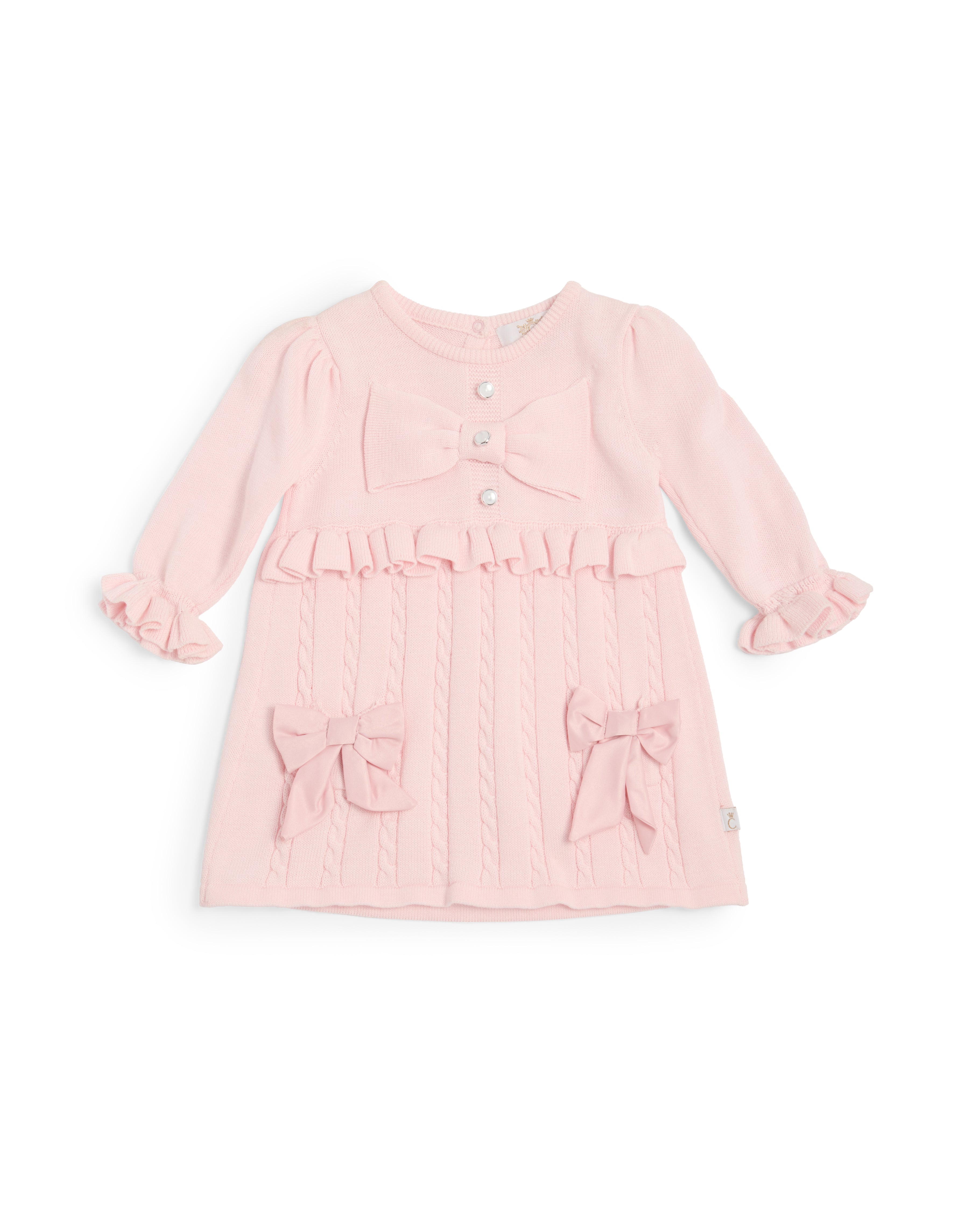 Pink Knitted Bow Dress with Frill Detail