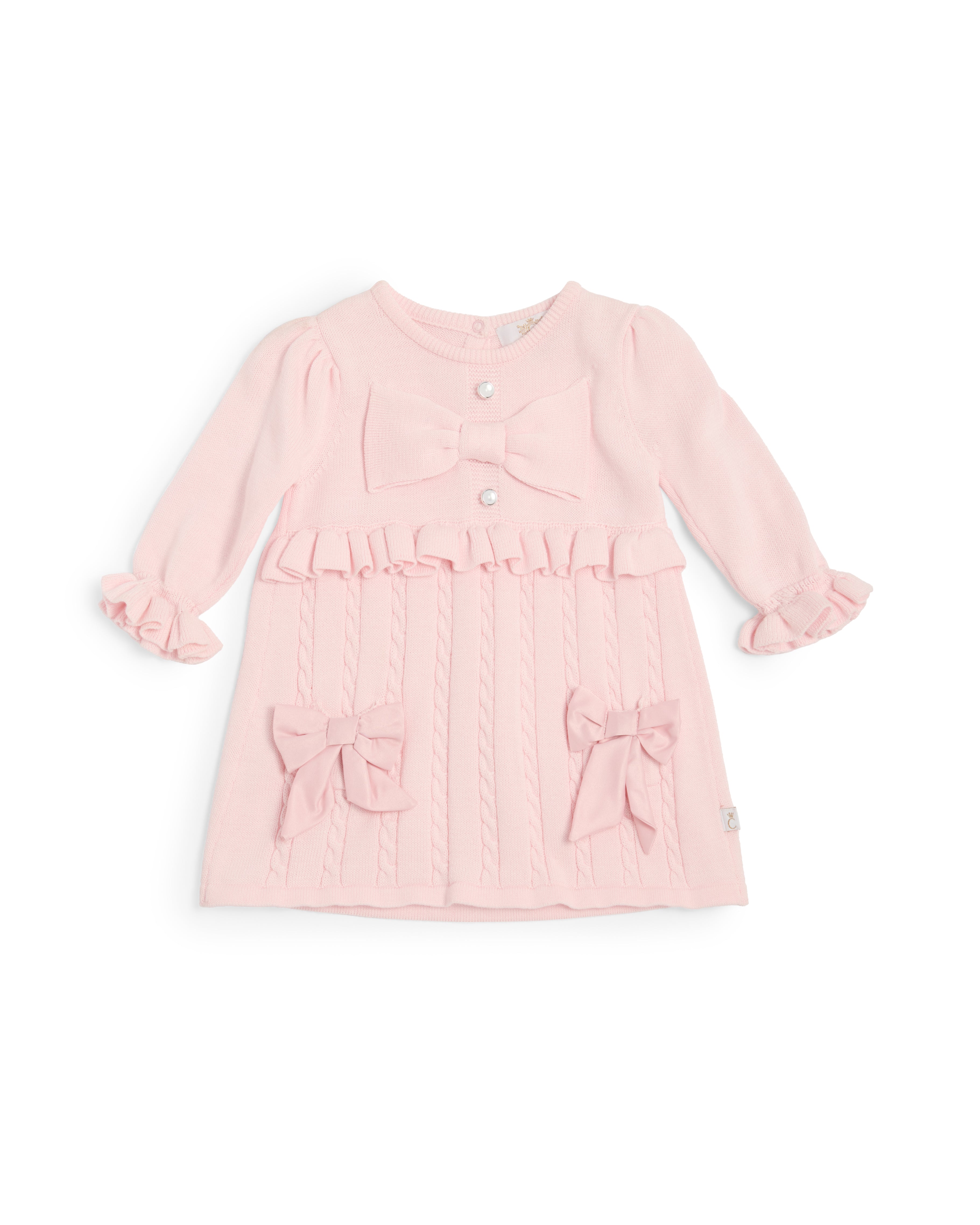 Pink Knitted Bow Dress with Frill Detail