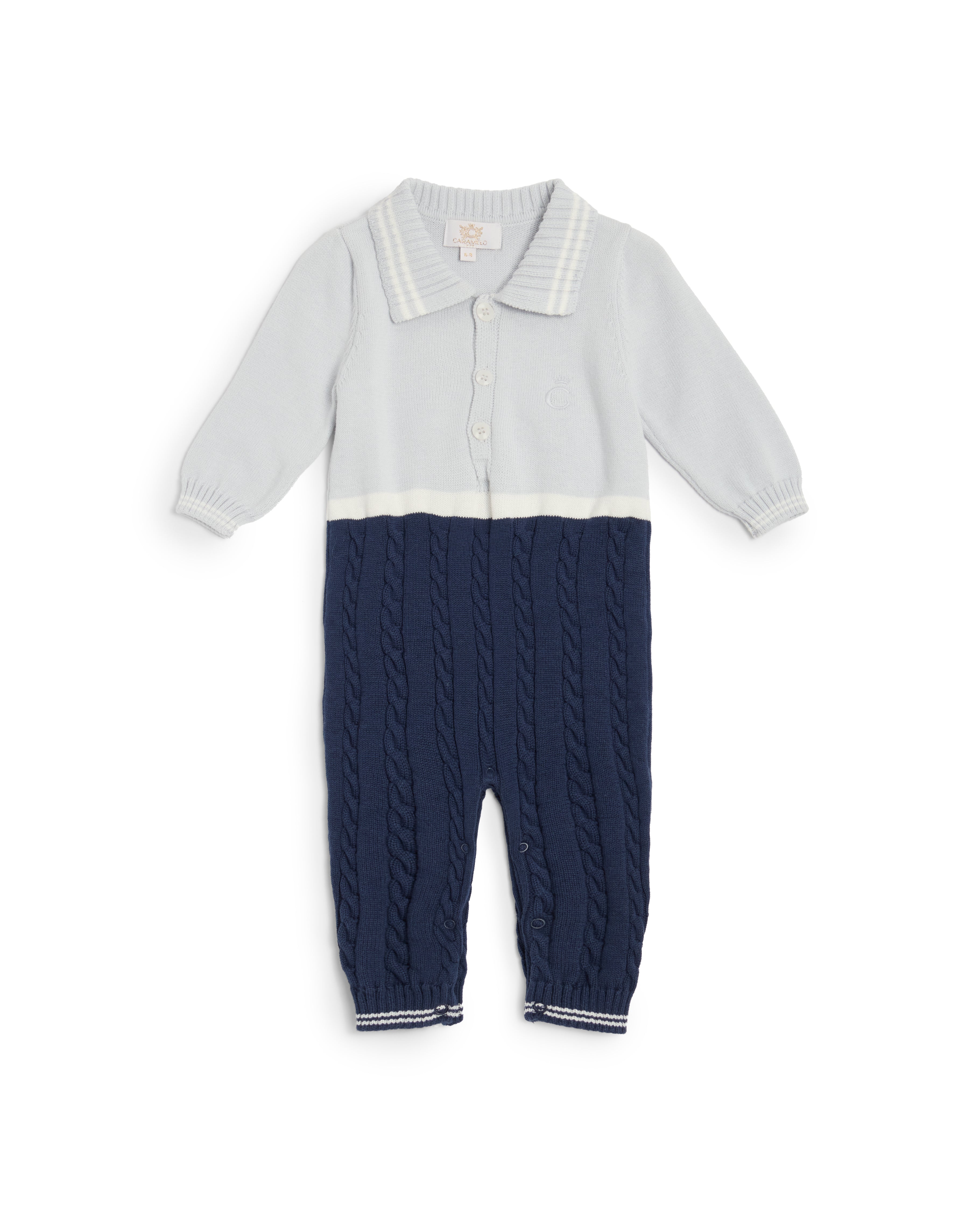 Sky & Navy Cable Knit Polo Baby Sleepsuit