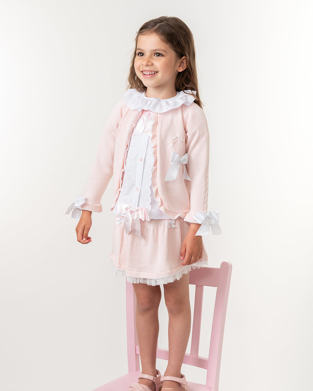 Pink Three-Piece Girls' Set with Cardigan, Shirt, and Skirt