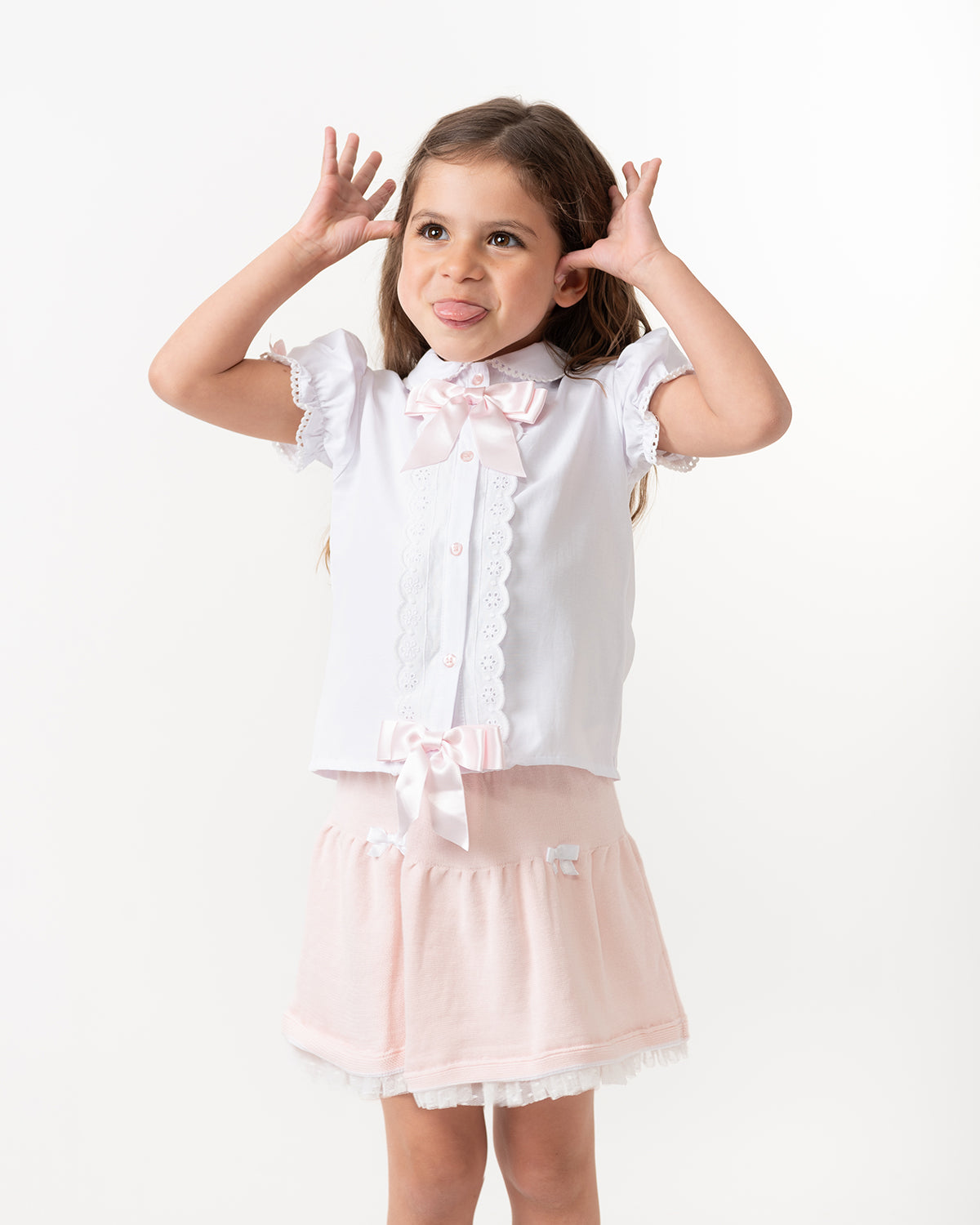 Pink Three-Piece Girls' Set with Cardigan, Shirt, and Skirt