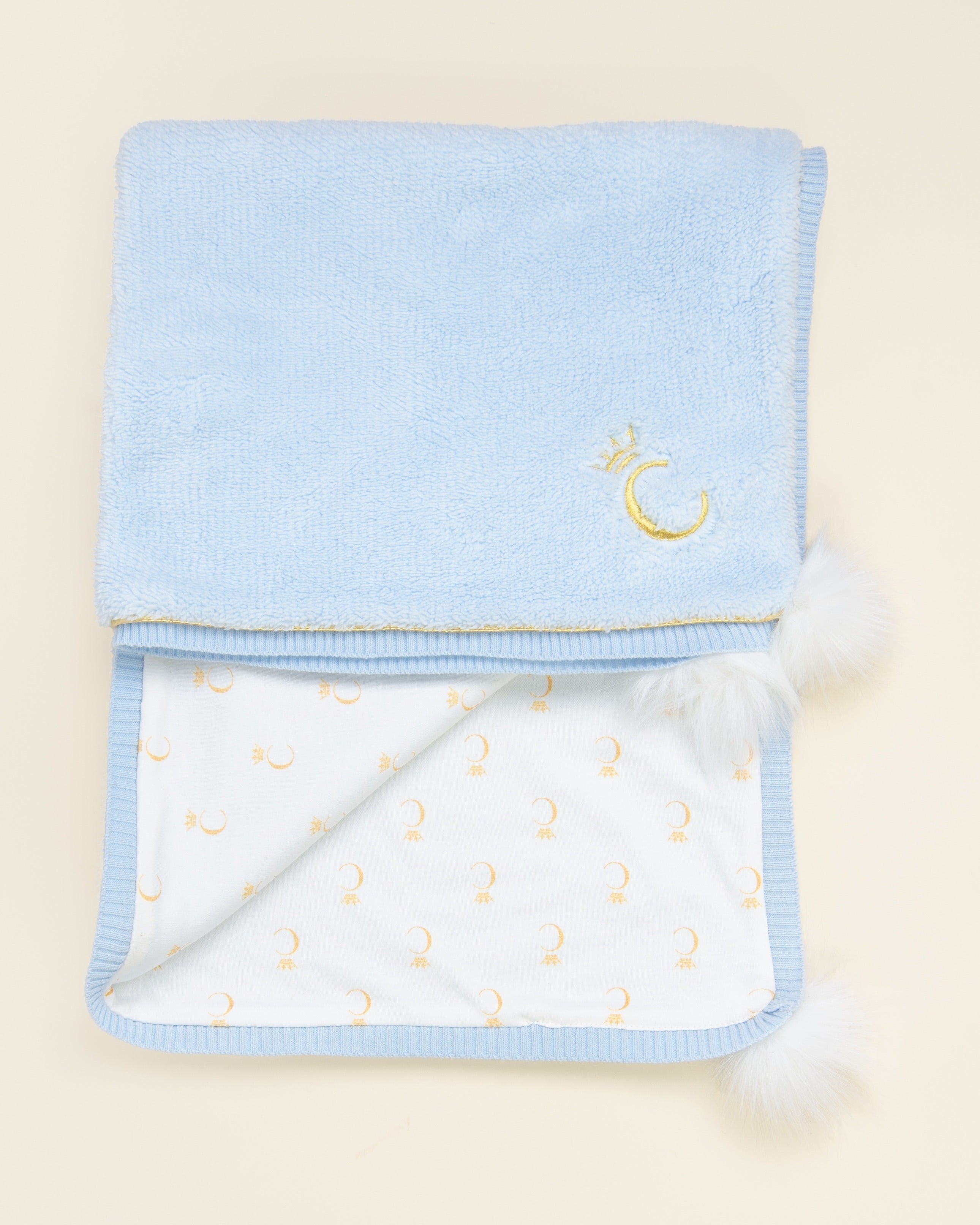 Blue Teddy Fleece Blanket with Embroidered Initial and Pom-Poms
