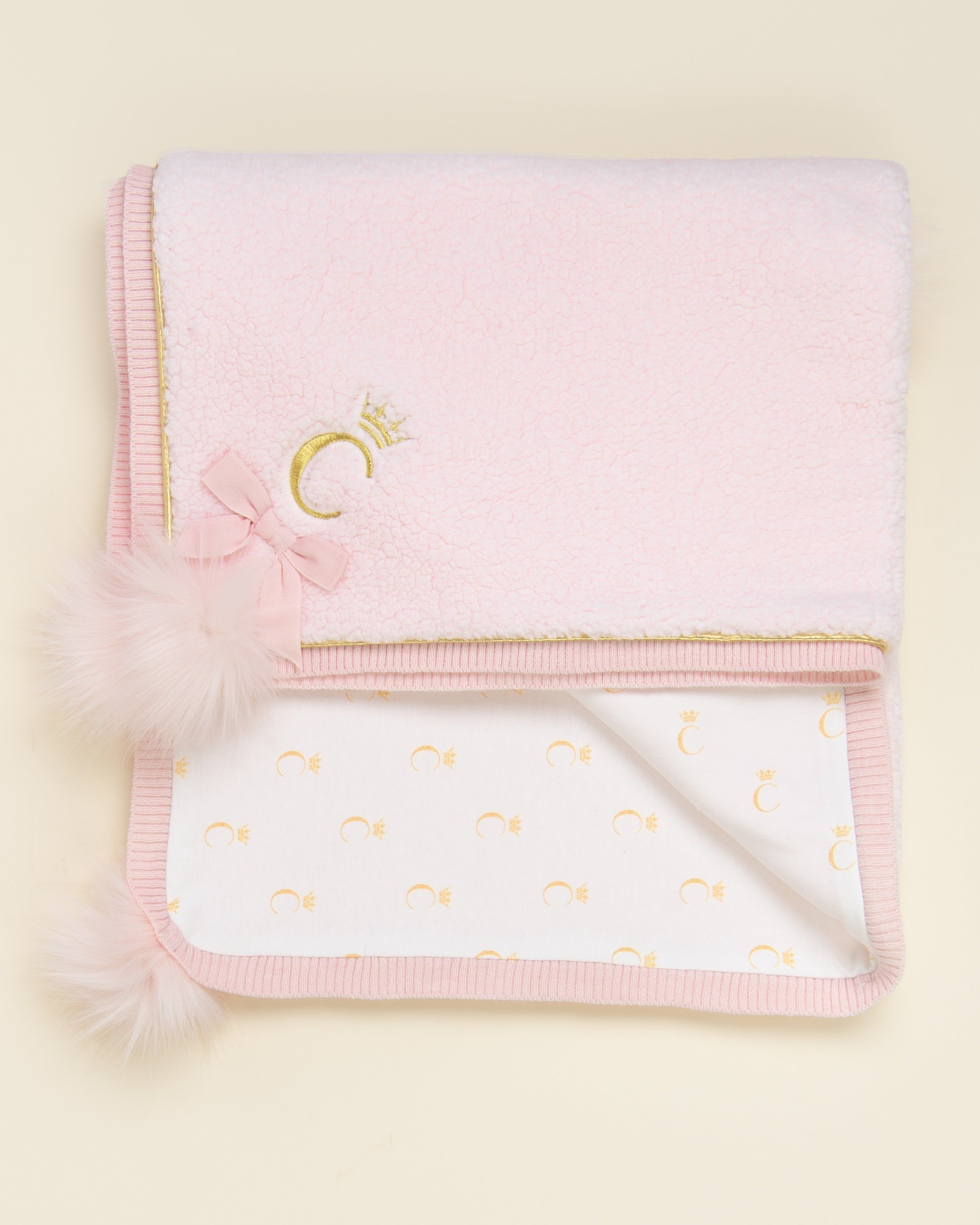 Pink Teddy Fleece Blanket with Embroidered Initial and Pom-Poms