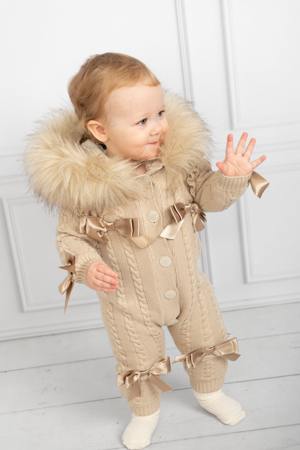 Beige Knitted Baby Snowsuit with Fur Hood and Satin Bows