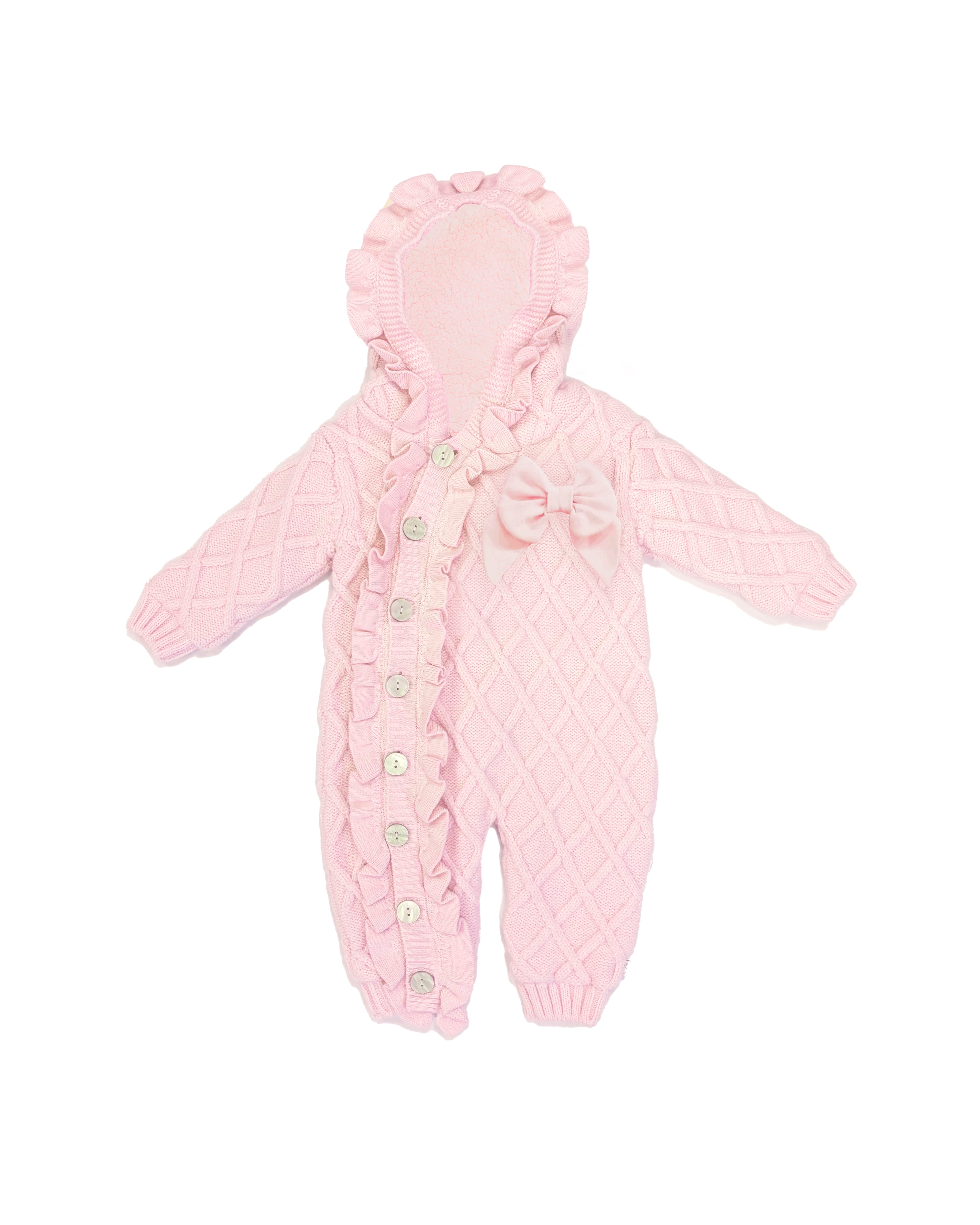 Pink Knitted Snowsuit with Satin Bow and Frill Trim