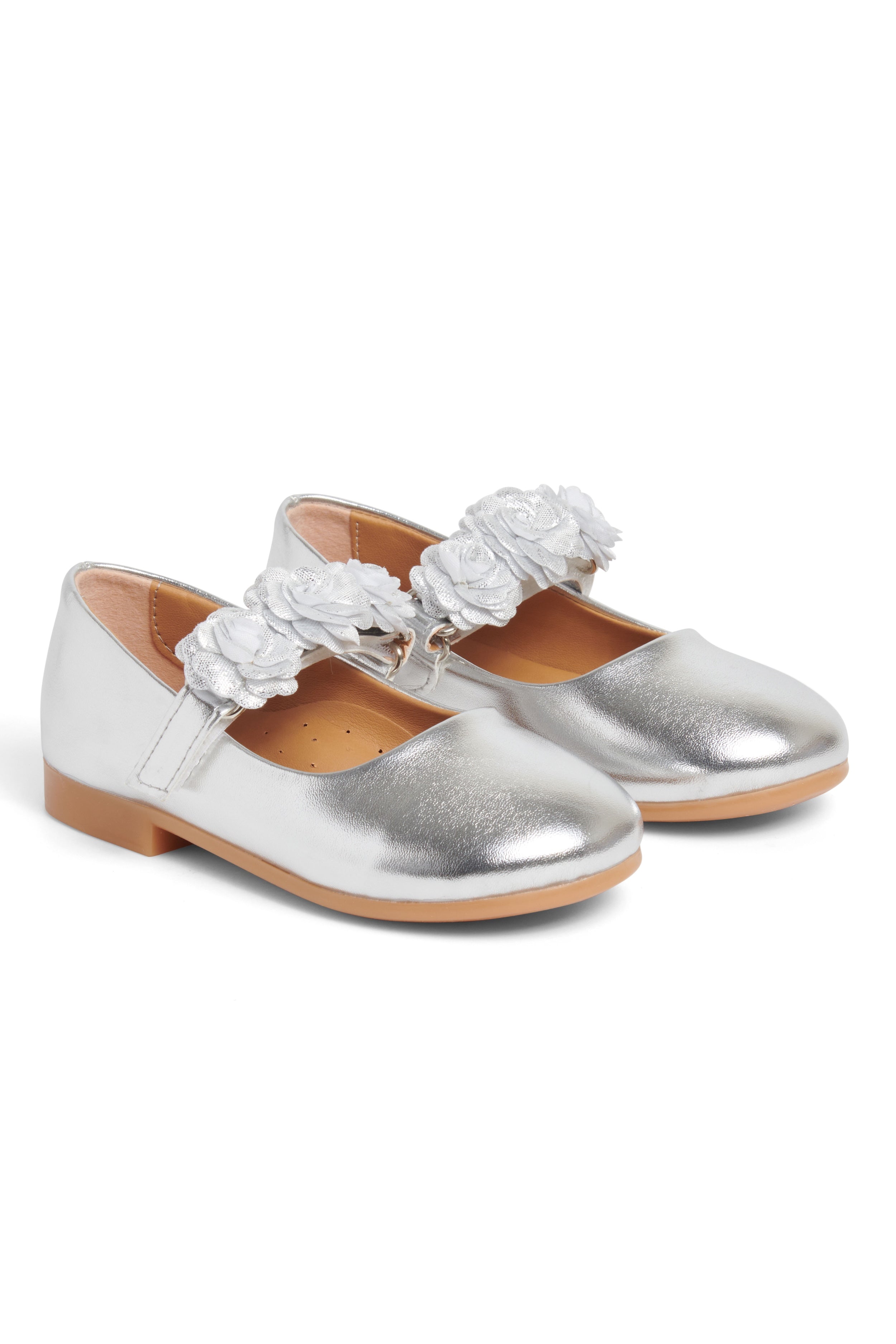 Silver Floral Strap Ballerina Shoes