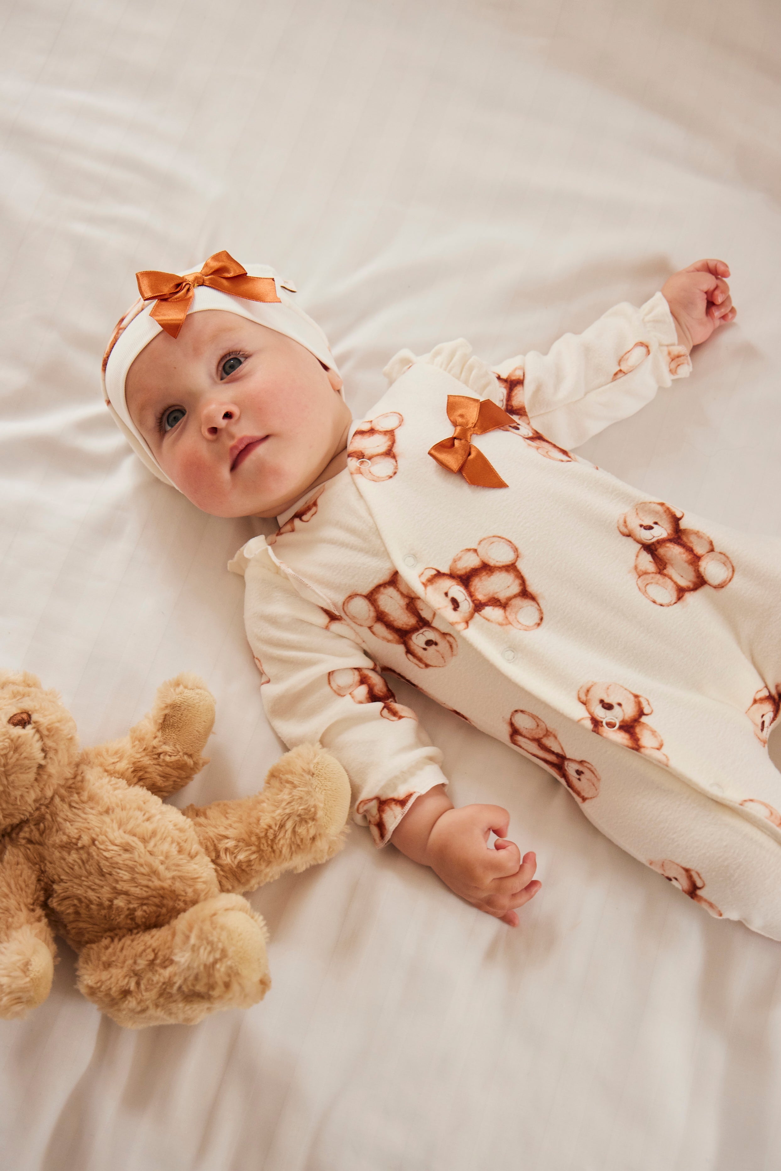 Ivory Teddy Bear Baby Sleepsuit with Matching Hat