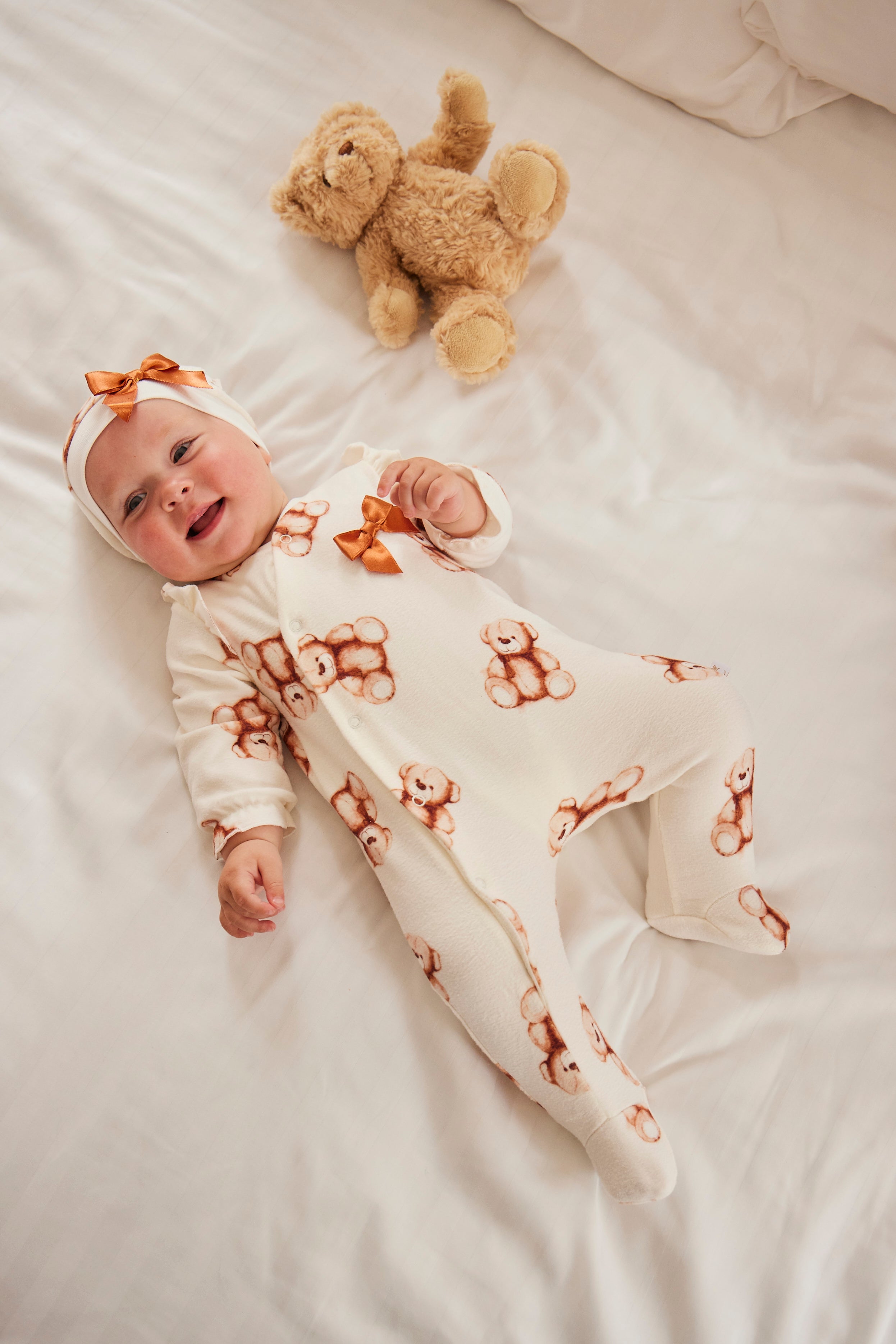 Ivory Teddy Bear Baby Sleepsuit with Matching Hat