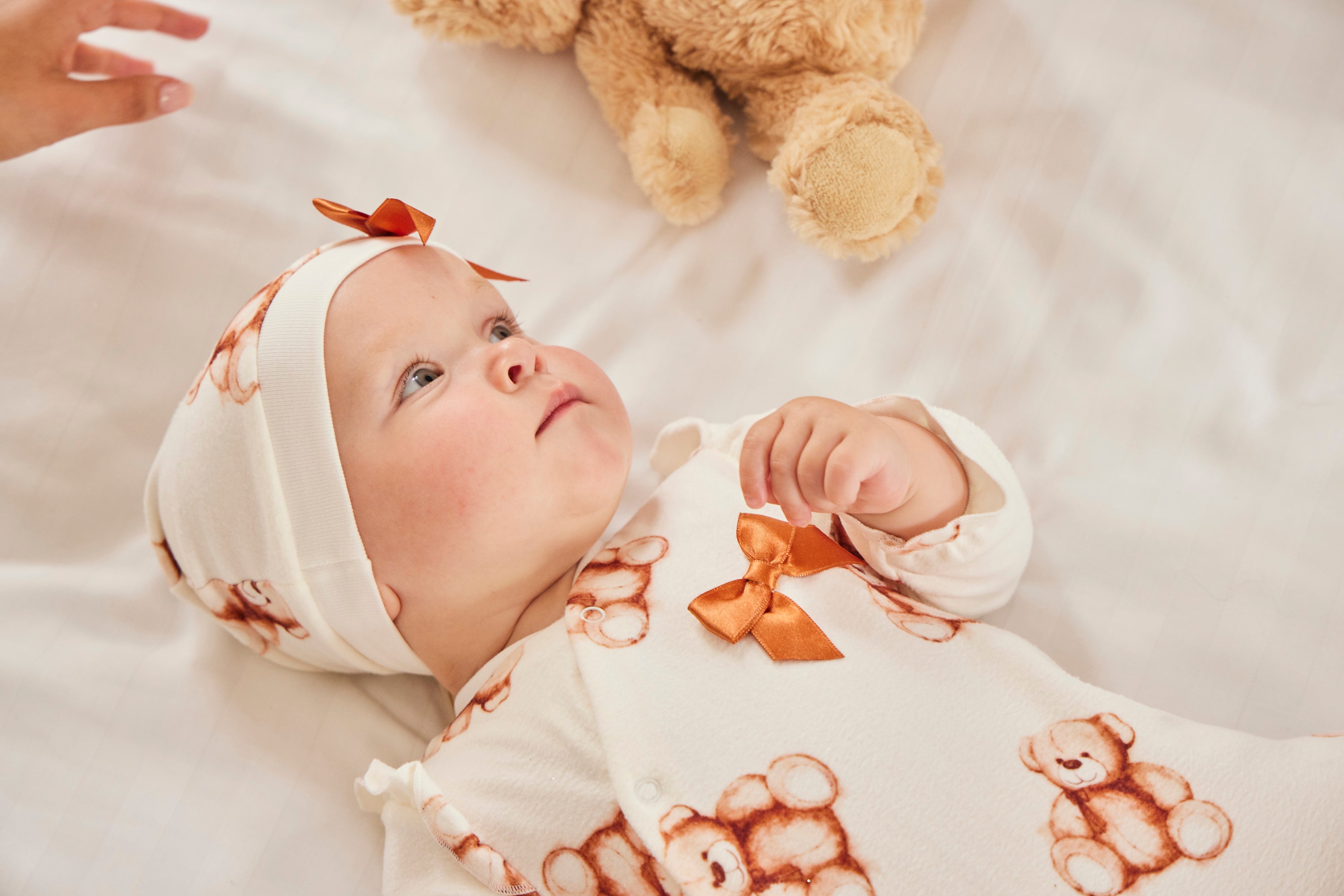 Ivory Teddy Bear Baby Sleepsuit with Matching Hat