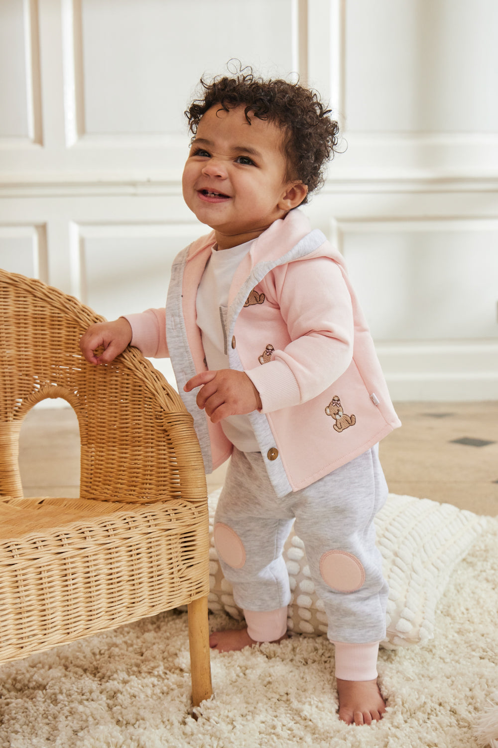 Pink and Grey 3-Piece Baby Outfit with Bear Embroidery