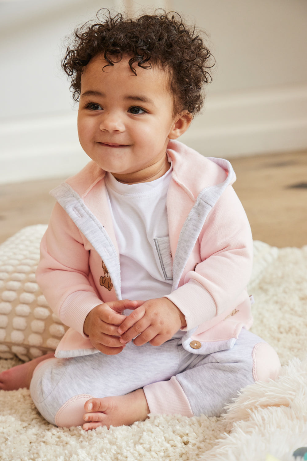 Pink and Grey 3-Piece Baby Outfit with Bear Embroidery